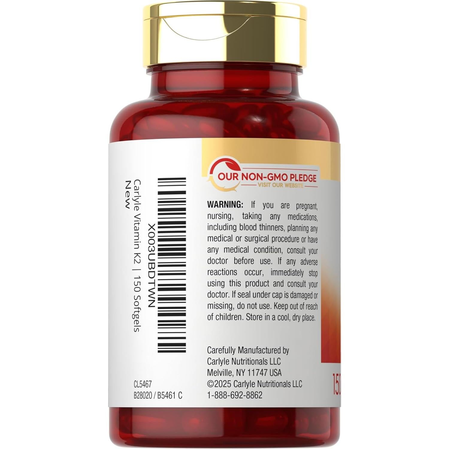 Carlyle Vitamina K2 MK7 100 mcg 150 Softgels Sin OGM Gluten