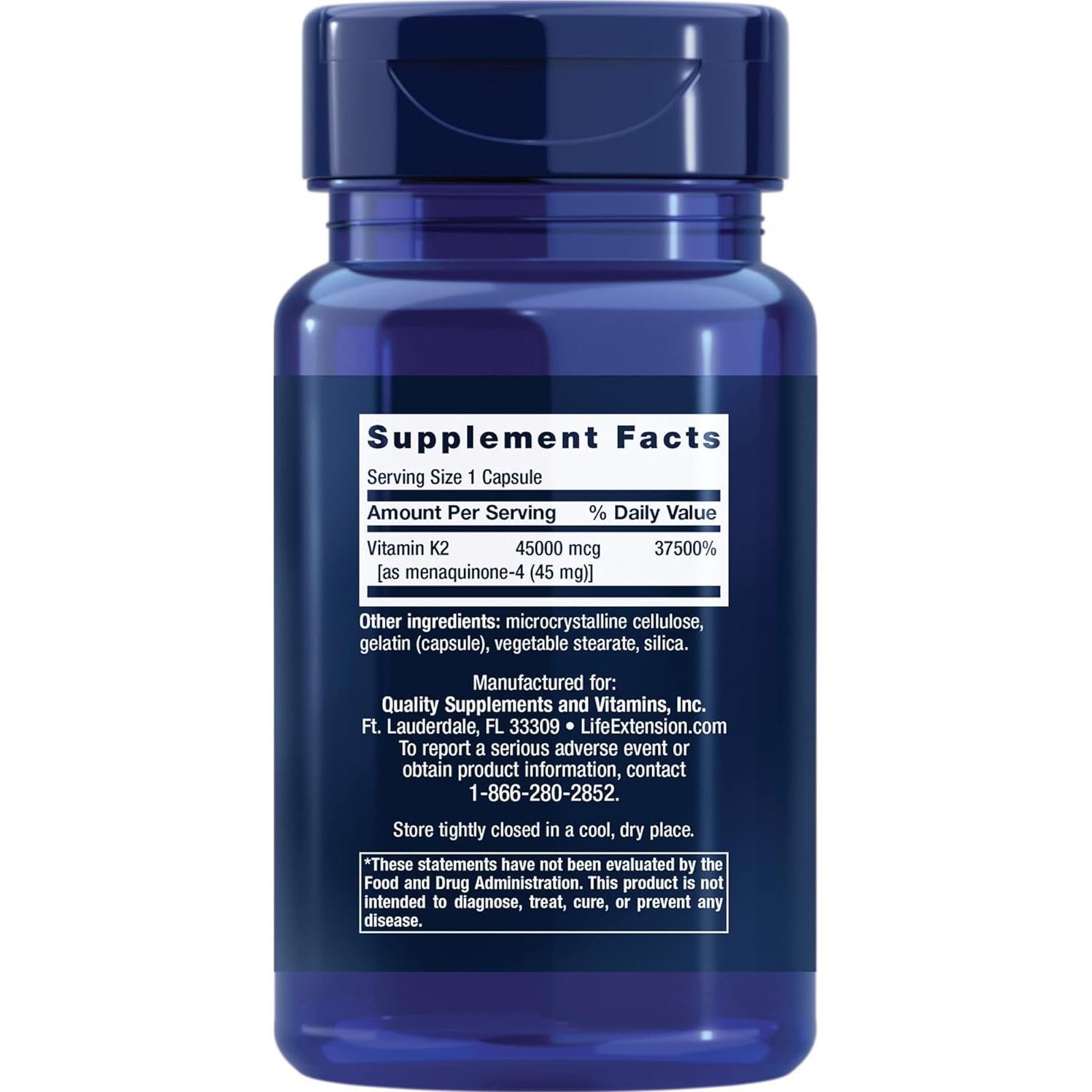 Mega Vitamina K2 Life Extension 45 mg para Huesos Fuertes - 30 Cápsulas