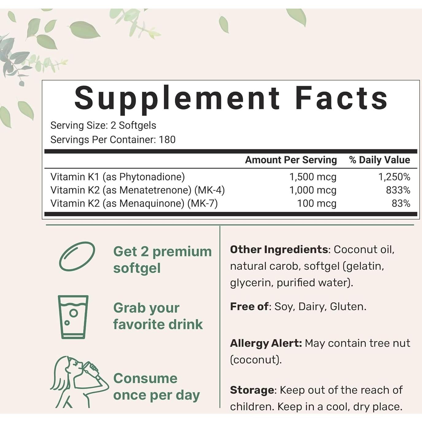 Complejo de Vitamina K Micro Ingredients 360 Softgeles 1500mcg
