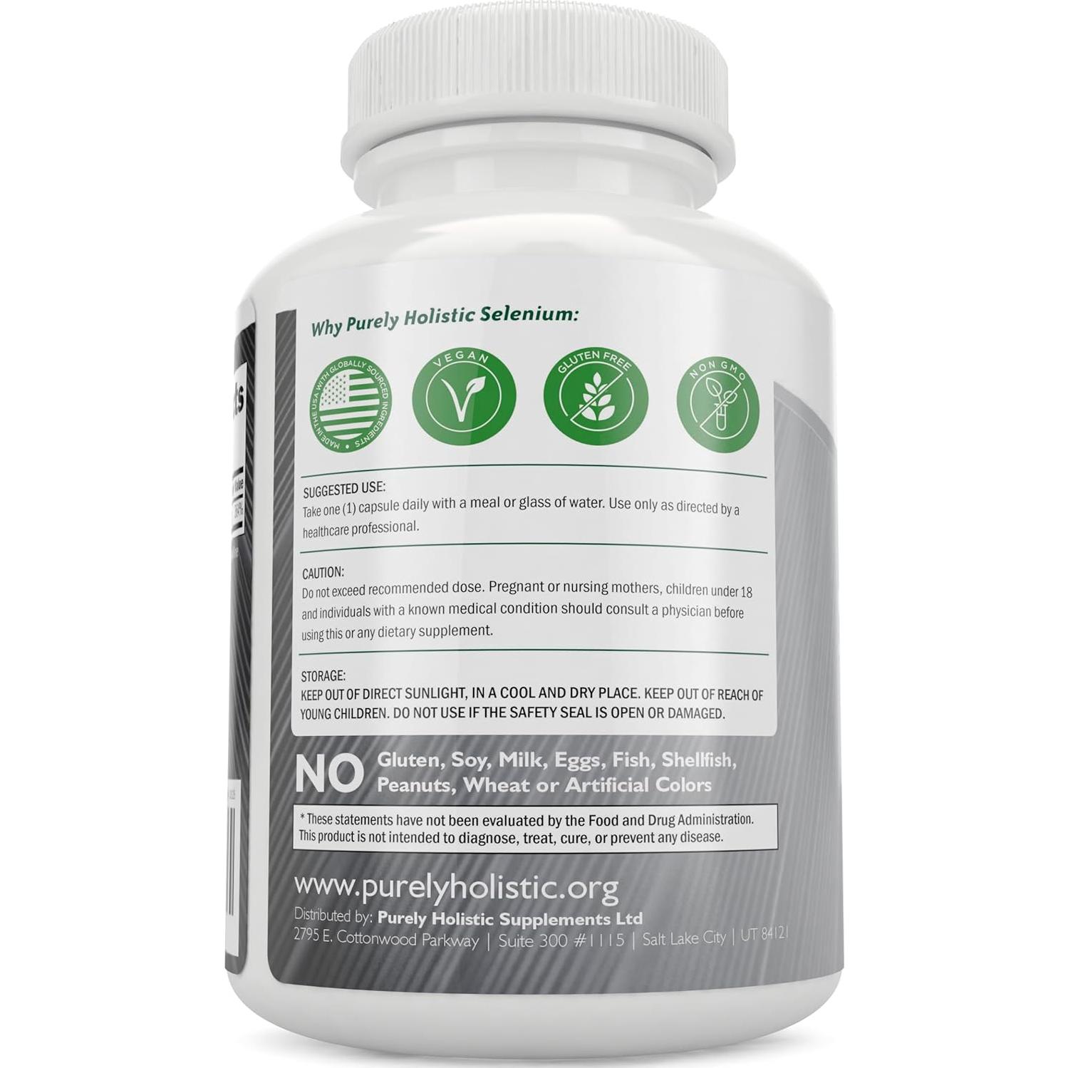 Selenio 200mcg Purely Holistic - 365 Cápsulas Veganas Antioxidante