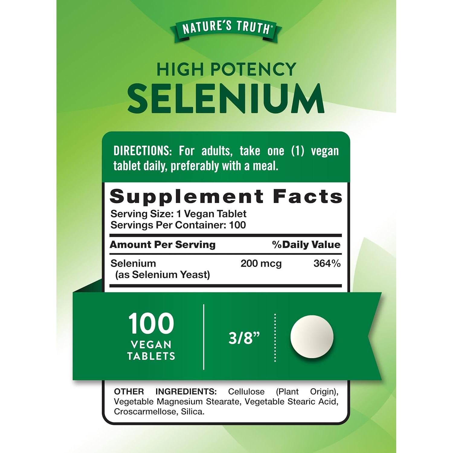 Suplemento de Selenio Nature's Truth 200 mcg Vegano 100 Tabletas