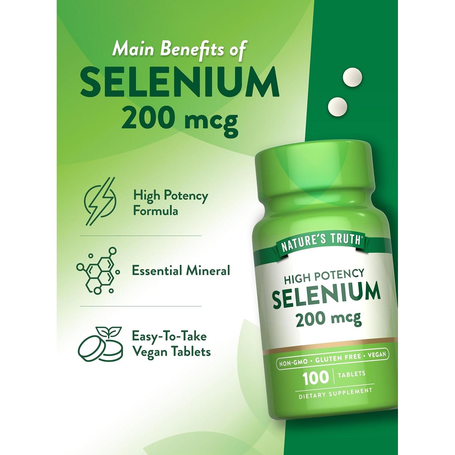 Suplemento de Selenio Nature's Truth 200 mcg Vegano 100 Tabletas
