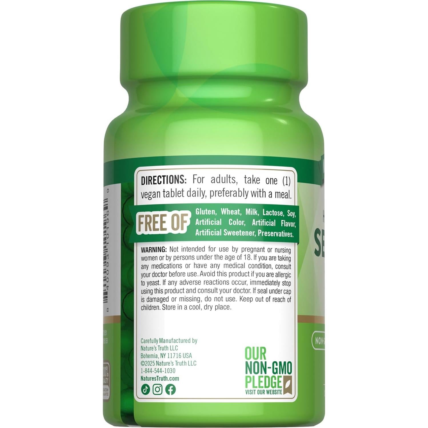 Suplemento de Selenio Nature's Truth 200 mcg Vegano 100 Tabletas