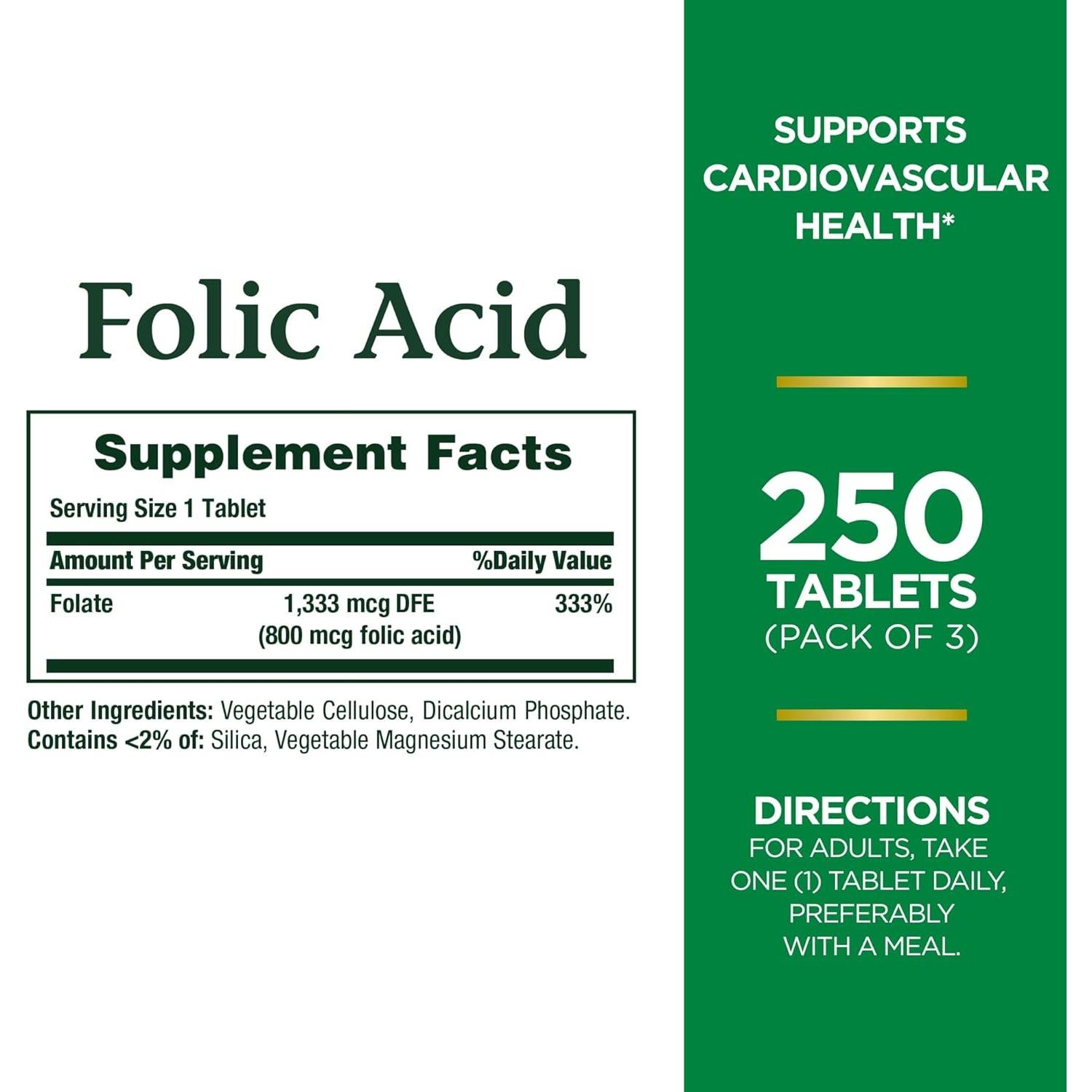 Suplemento Ácido Fólico Nature's Bounty 800mcg 250 Tabletas