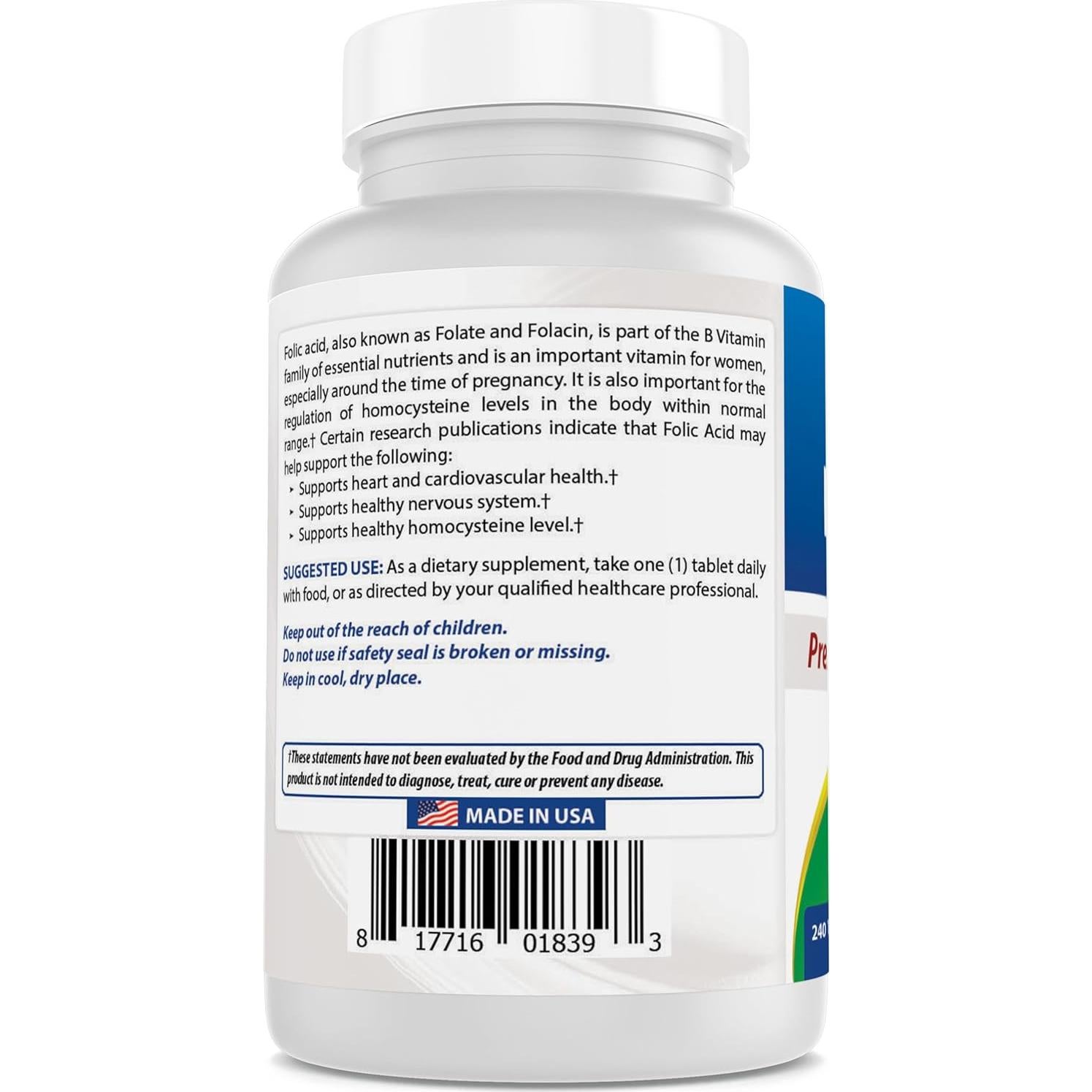 Ácido Fólico 1000 mcg Mejores Naturales 240 Tabletas