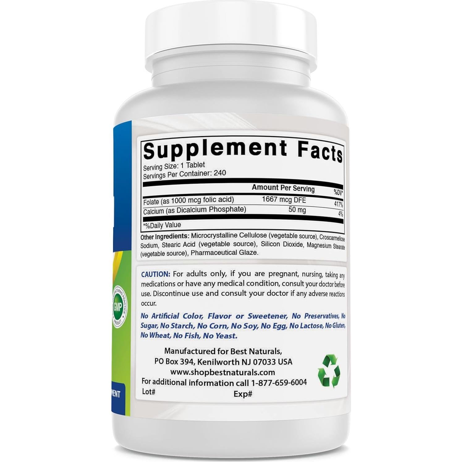 Ácido Fólico 1000 mcg Mejores Naturales 240 Tabletas