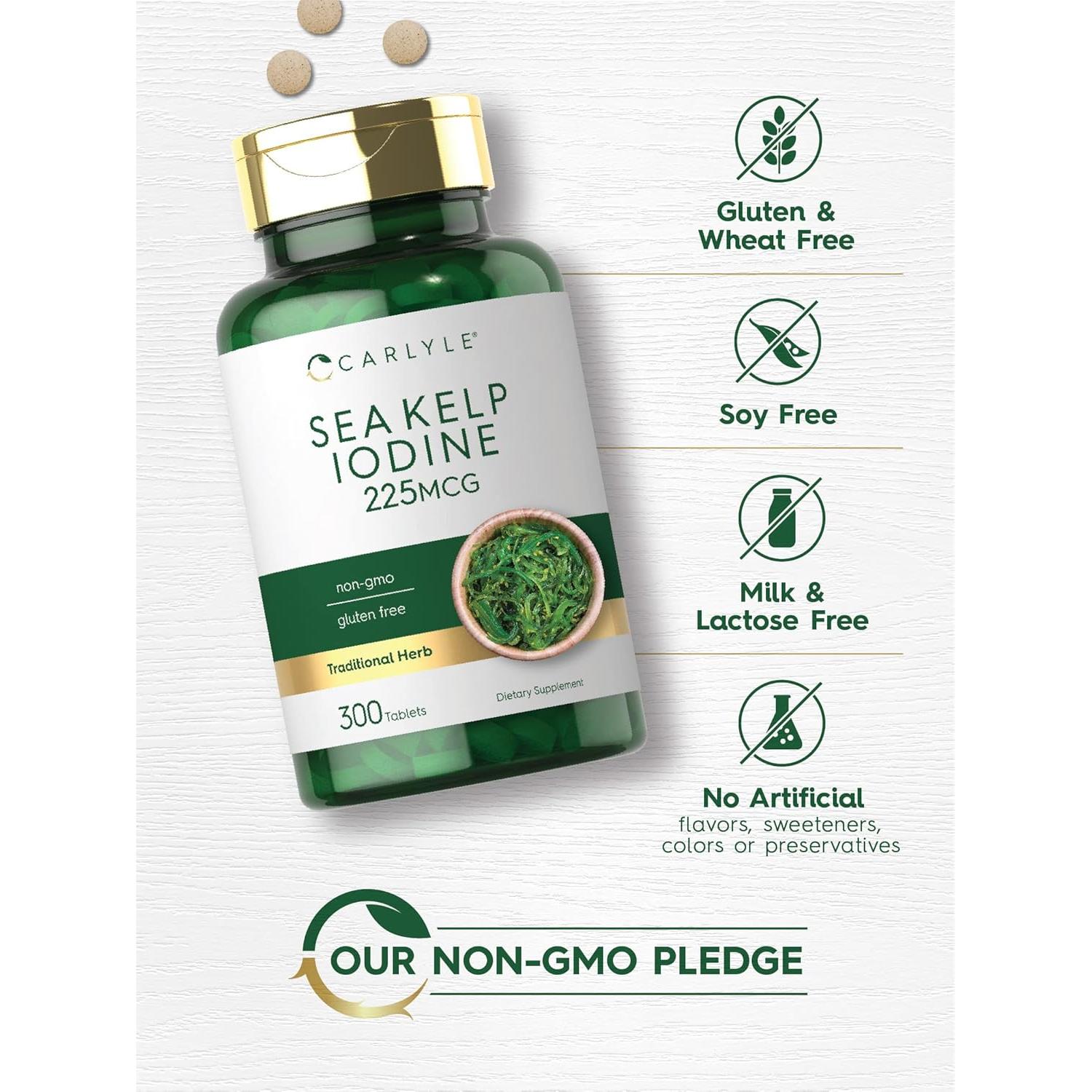 Suplemento de Yodo de Algas Marinas Carlyle 225 mcg 300 Tabletas