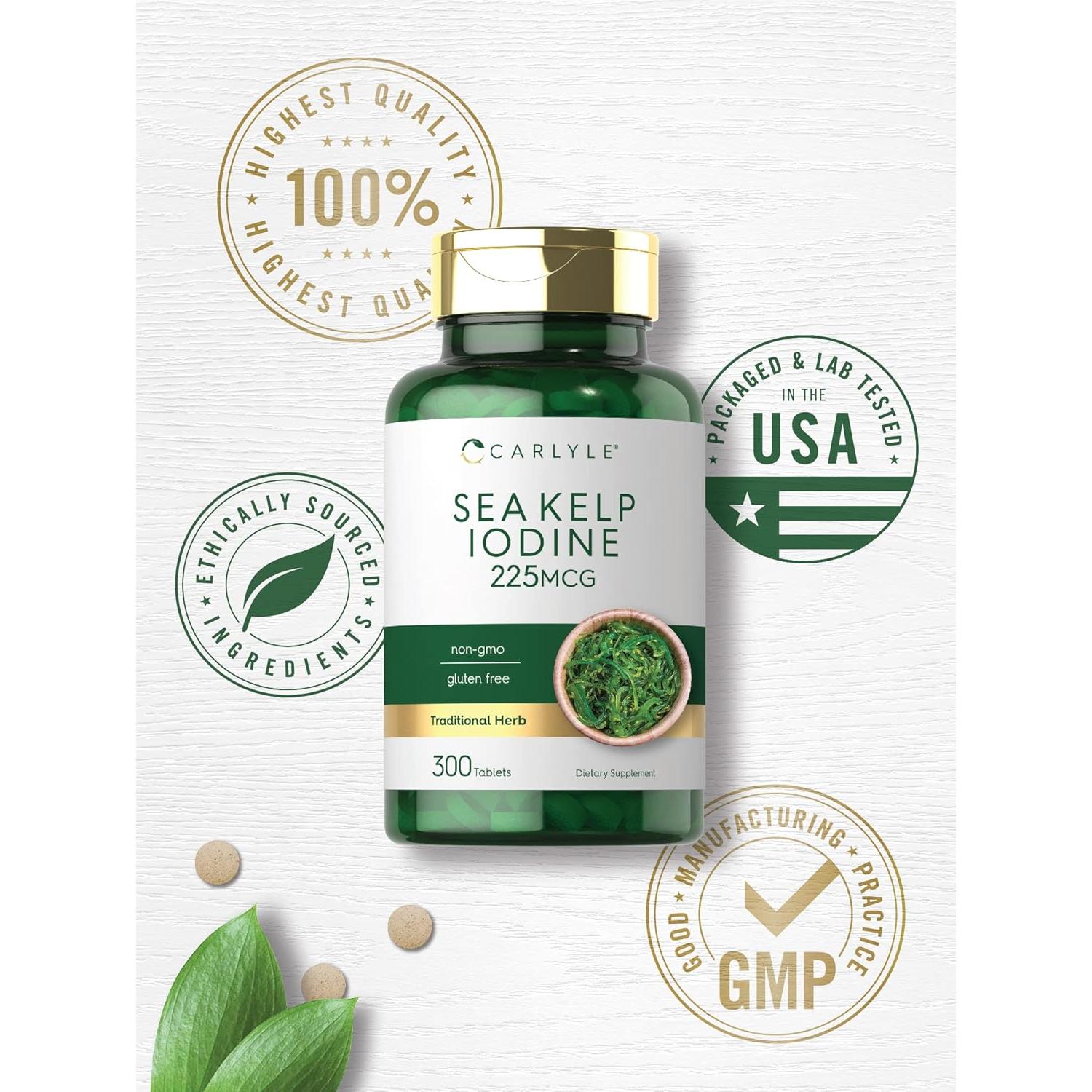 Suplemento de Yodo de Algas Marinas Carlyle 225 mcg 300 Tabletas