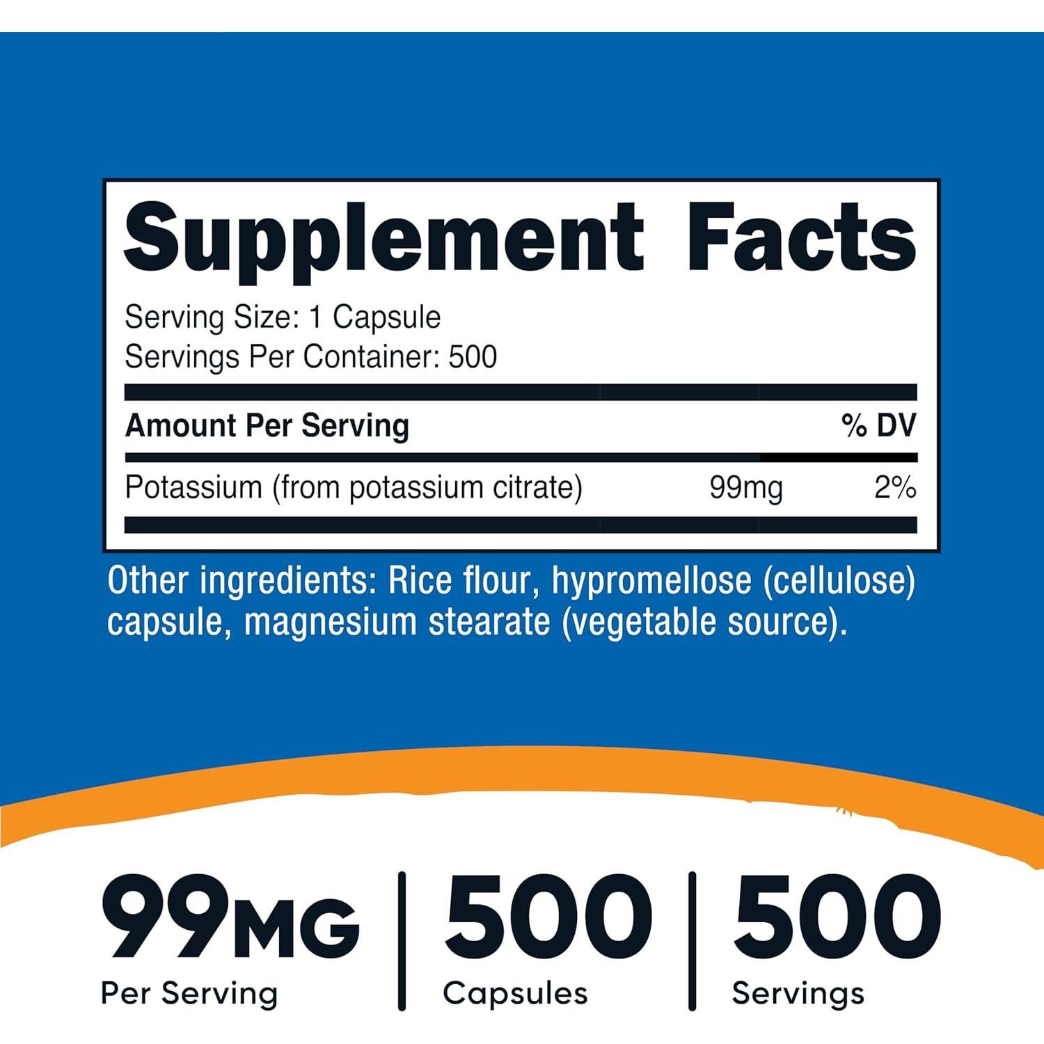 Citrato de Potasio Nutricost 99mg - 500 Cápsulas