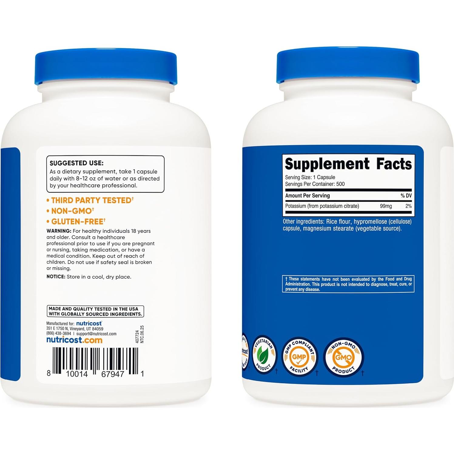 Citrato de Potasio Nutricost 99mg - 500 Cápsulas