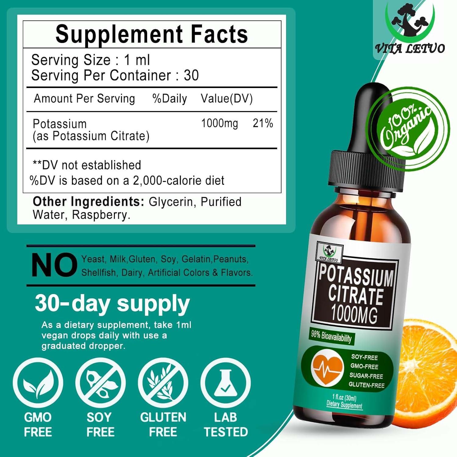 Gotas Líquidas de Citrato de Potasio Vita Letuo 1000mg 30 Porciones