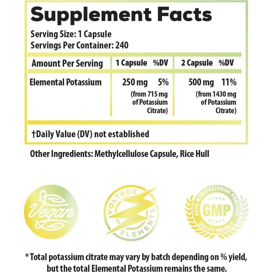 Cápsulas de Citrato de Potasio Elemental 500mg - 240 Unidades