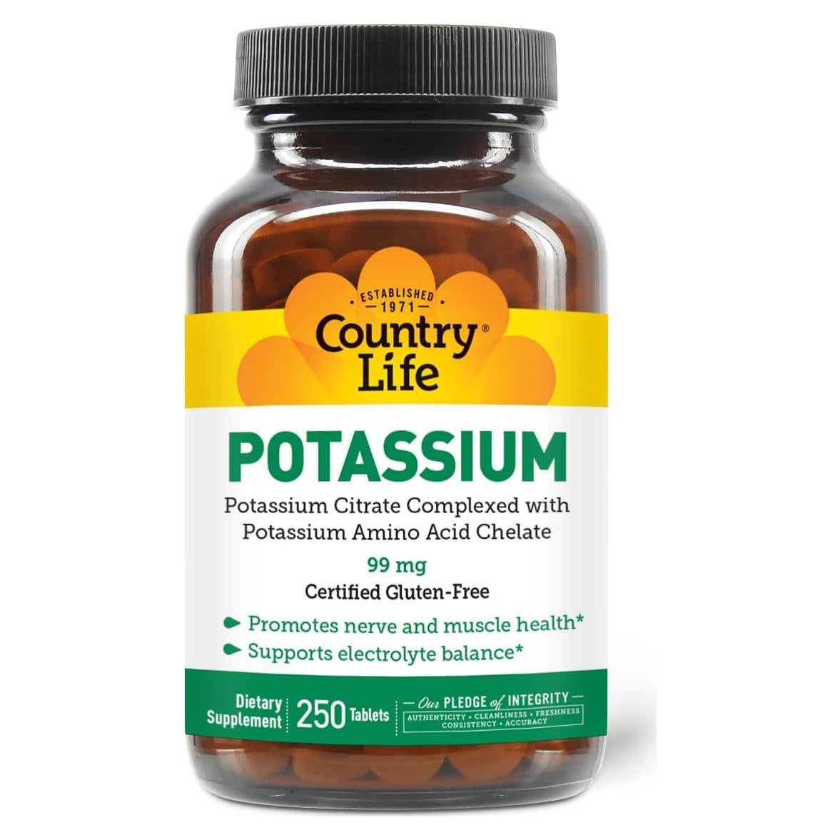 Suplemento de Potasio 99 mg Country Life - 250 Tabletas Veganas