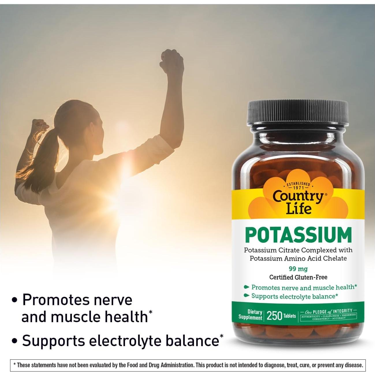 Suplemento de Potasio 99 mg Country Life - 250 Tabletas Veganas