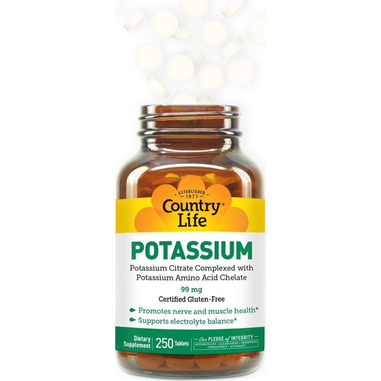 Suplemento de Potasio 99 mg Country Life - 250 Tabletas Veganas