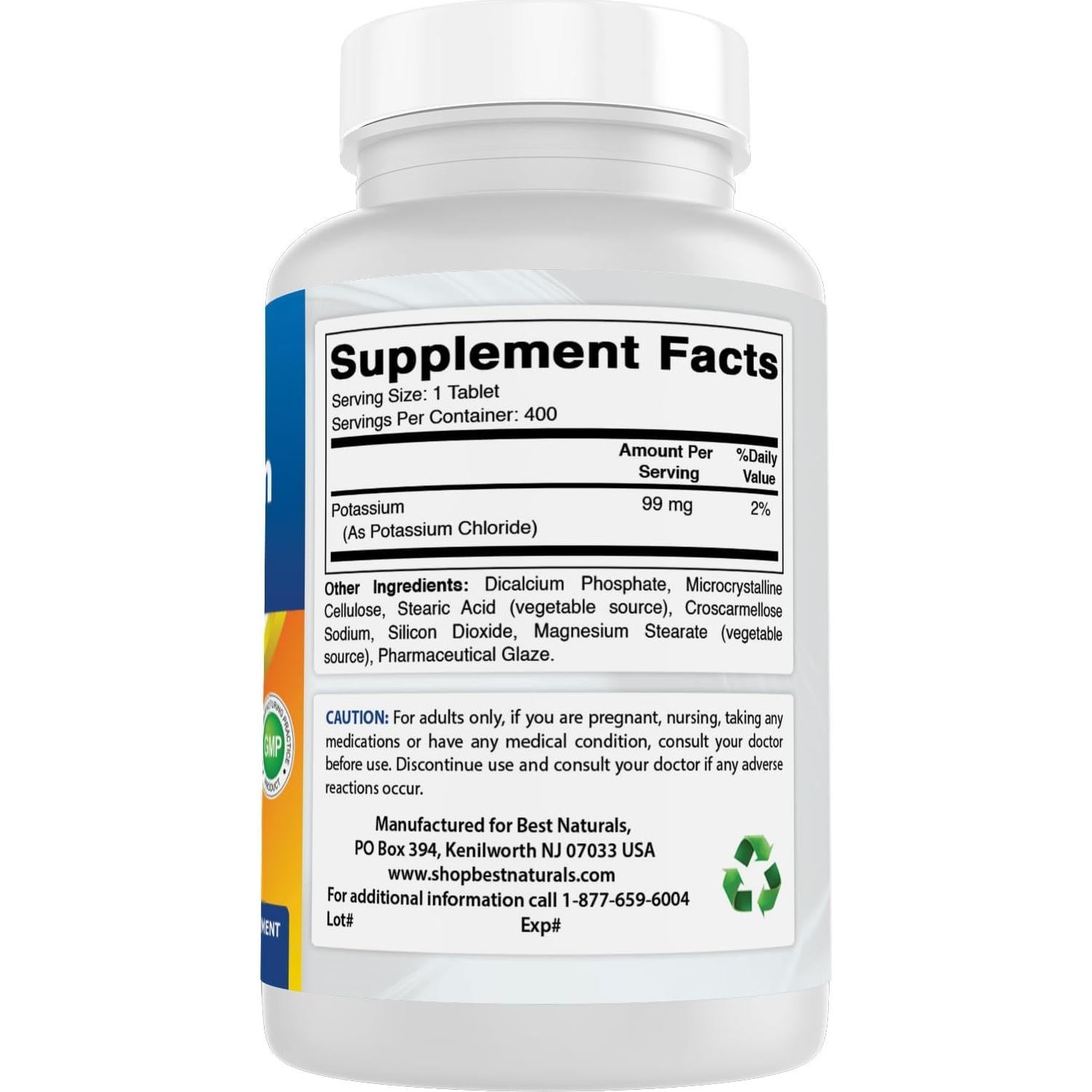 Suplemento de Cloruro de Potasio Best Naturals 99mg 400 Tabletas