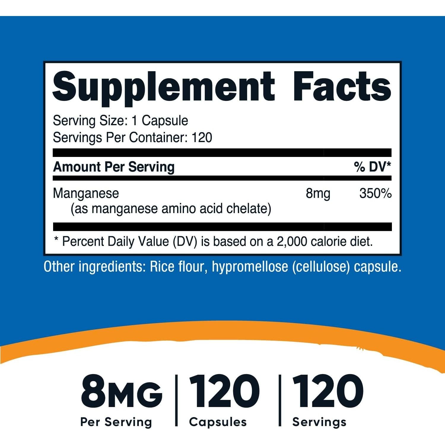 Suplemento de Manganeso Quelado Nutricost 8mg 120 Cápsulas