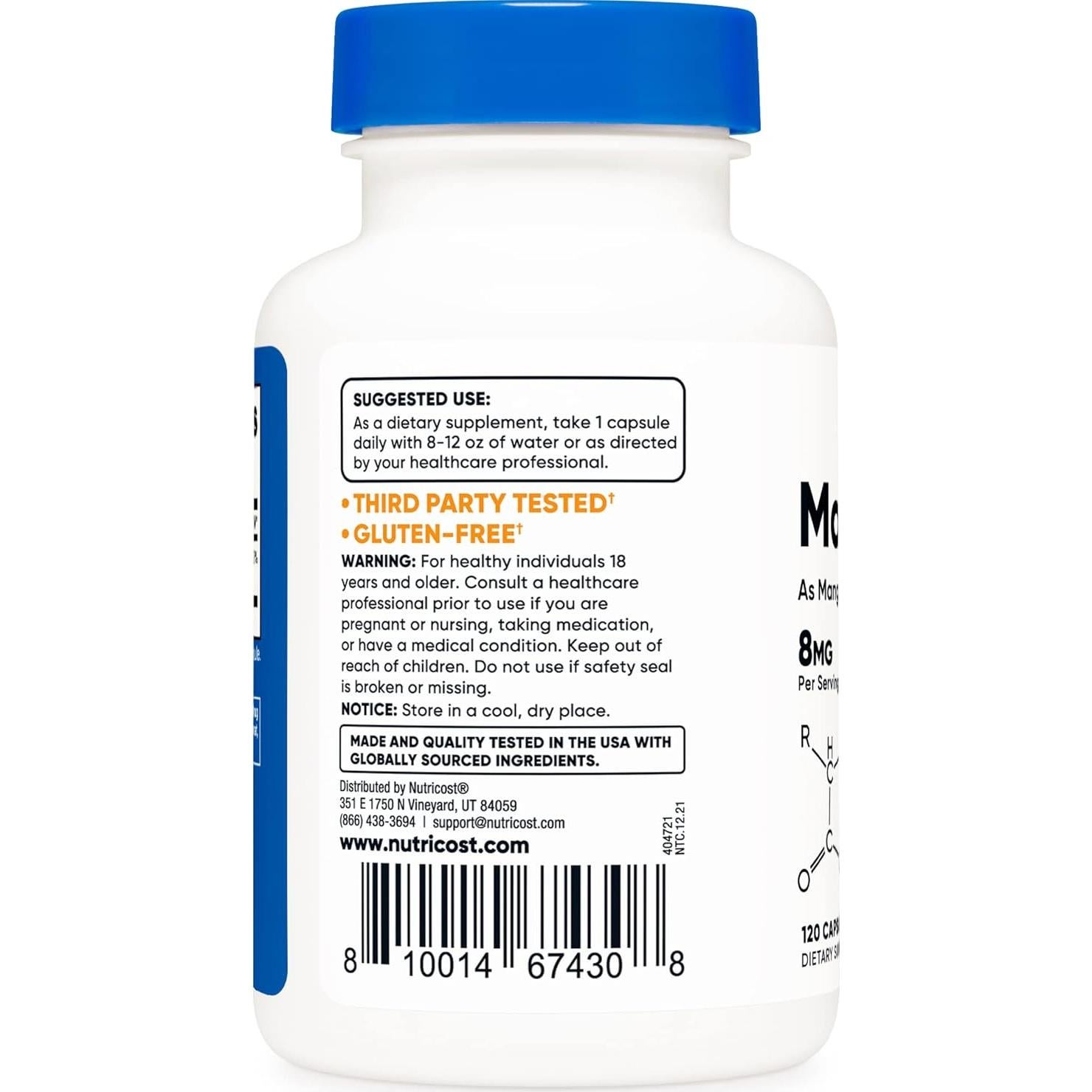 Suplemento de Manganeso Quelado Nutricost 8mg 120 Cápsulas