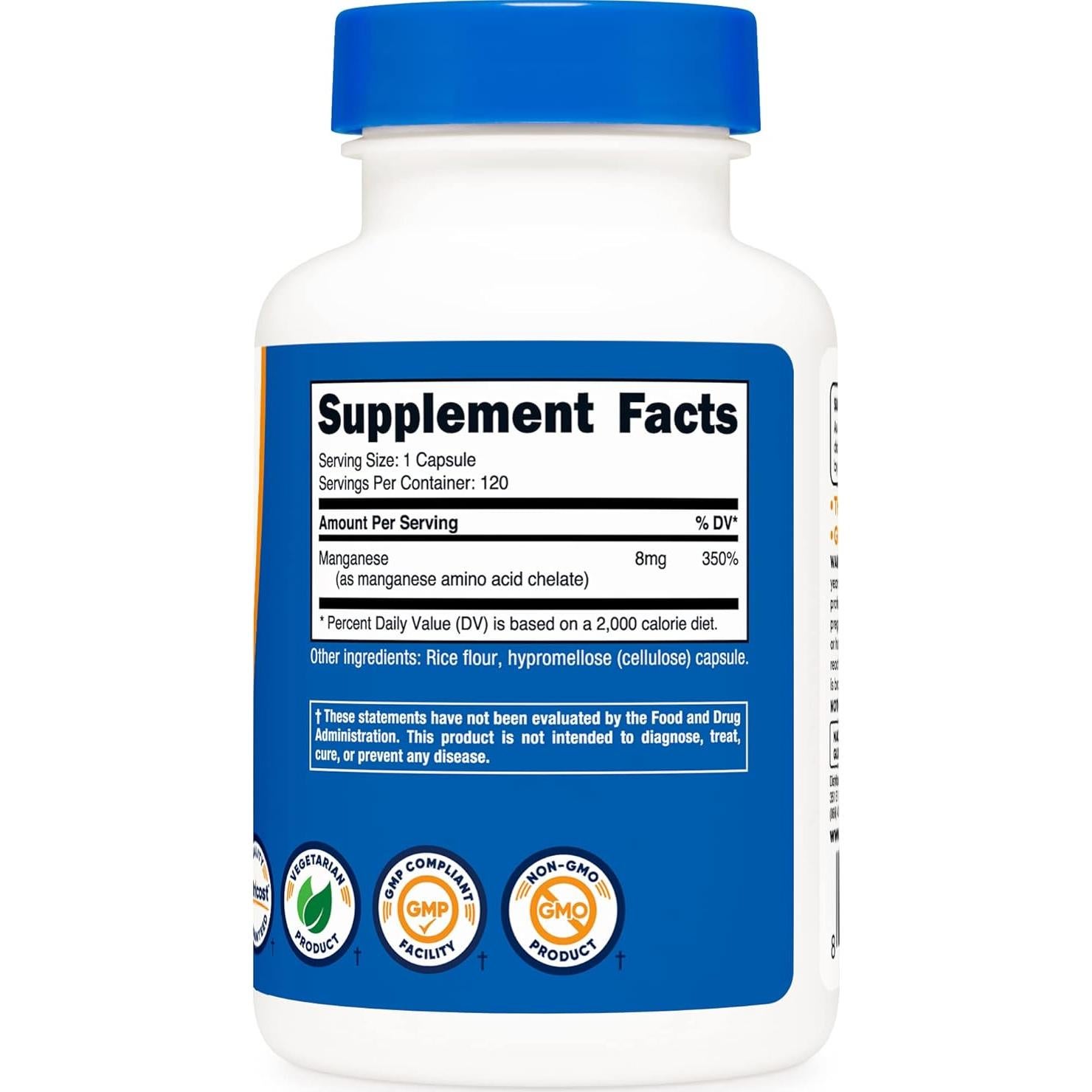Suplemento de Manganeso Quelado Nutricost 8mg 120 Cápsulas