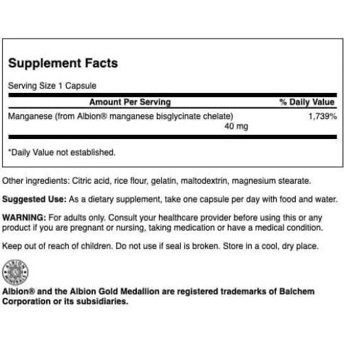 Suplemento de Manganeso Quelado Swanson 40 mg 180 Cápsulas