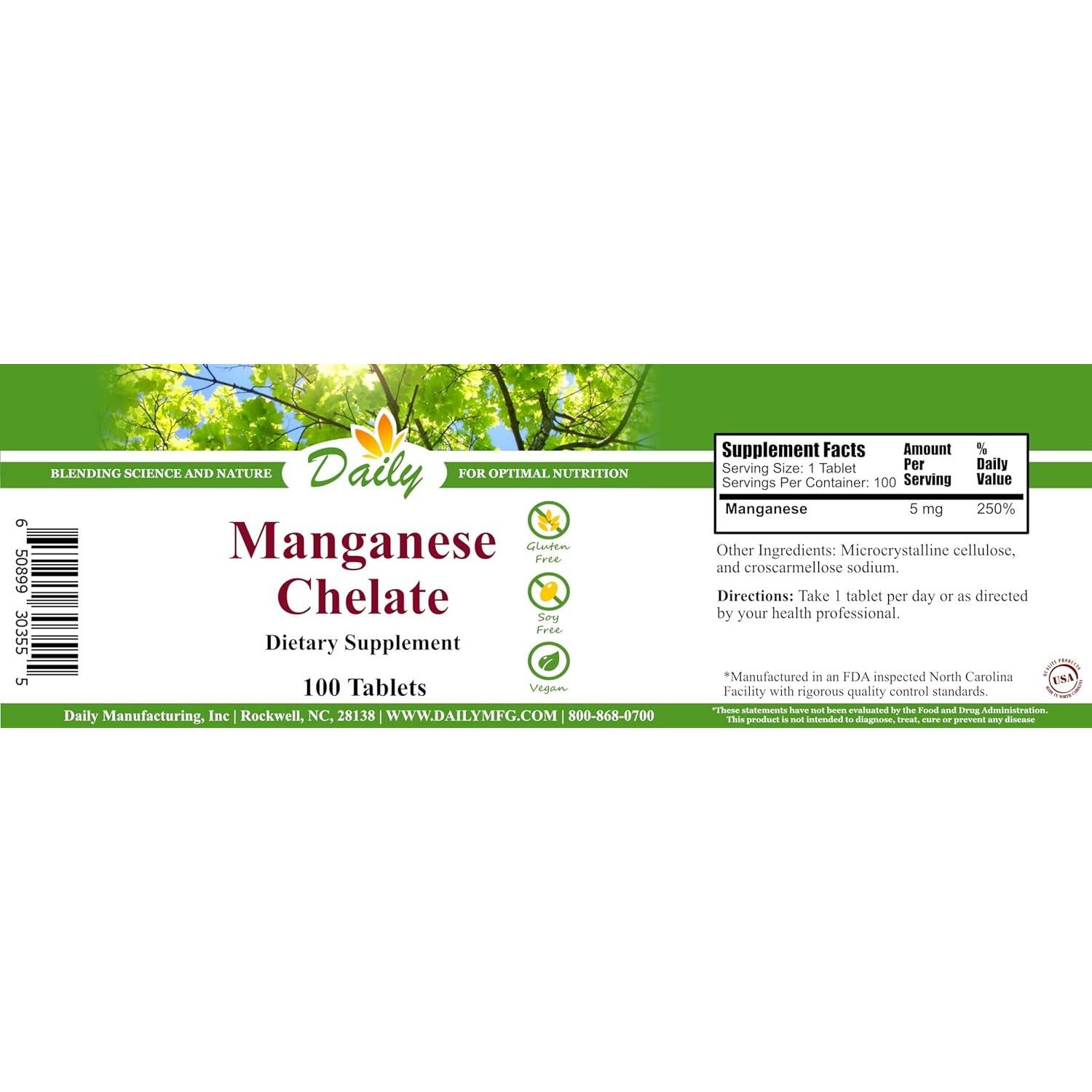 Quelato de Manganeso Daily Manufacturing 5 mg 100 Tabletas
