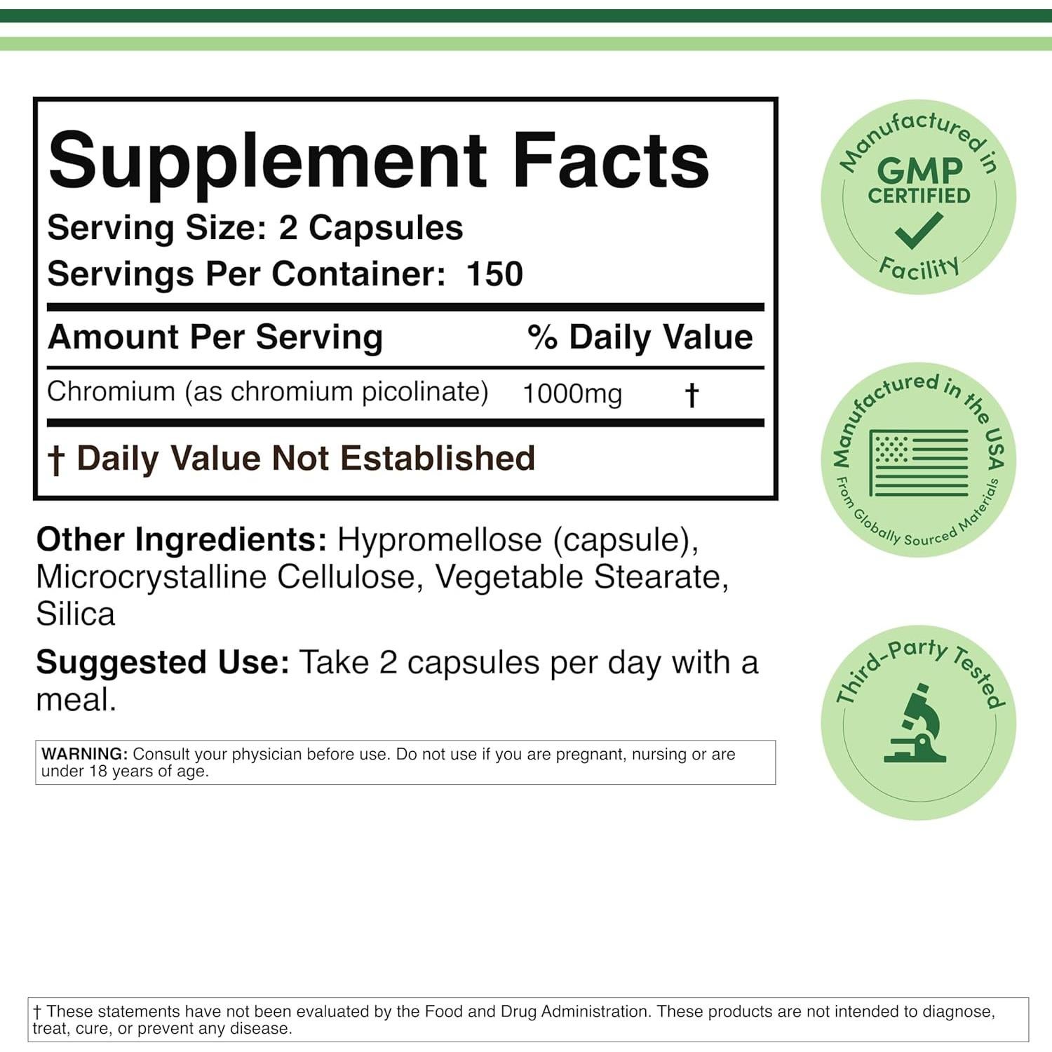 Picolinato de Cromo 1000mcg Double Wood 300 Cápsulas Veganas
