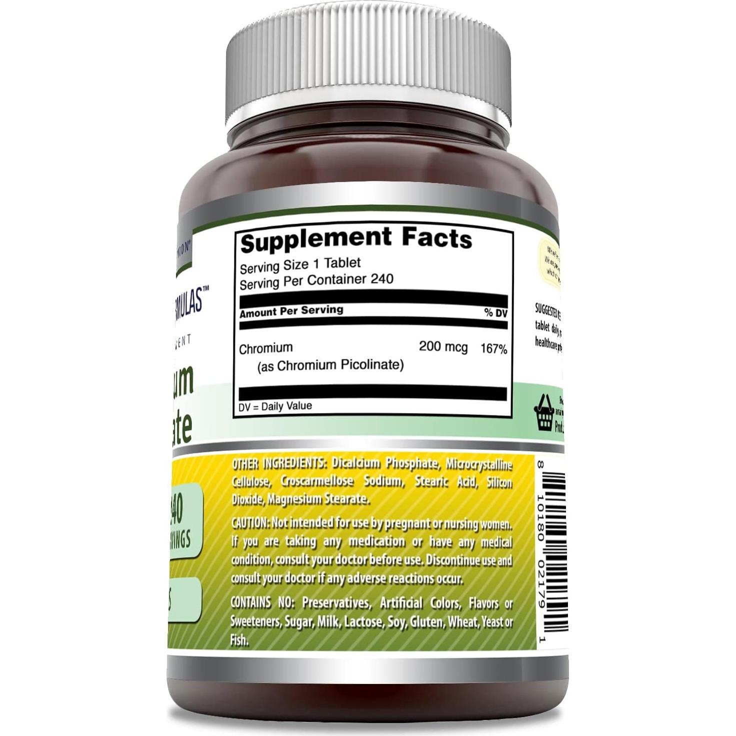 Suplemento Picolinato de Cromo Nutrición Asombrosa 200 mcg 240 Tabletas