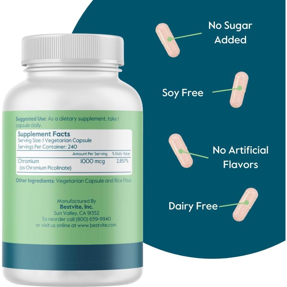Picolinato de Cromo 1000 mcg Bestvite 240 Cápsulas Veganas