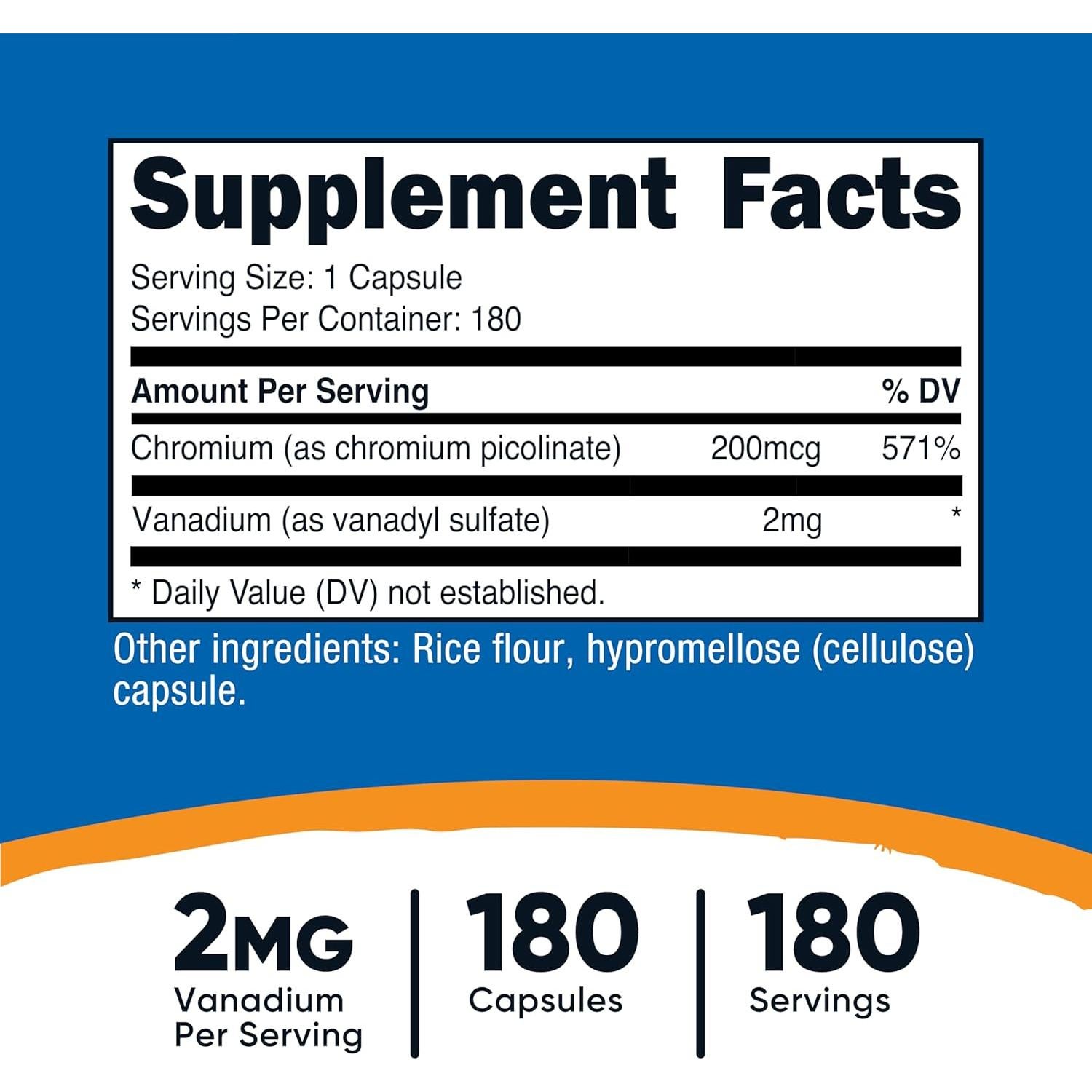 Nutricost Suplemento de Vanadio + Cromo 180 Cápsulas 2mg