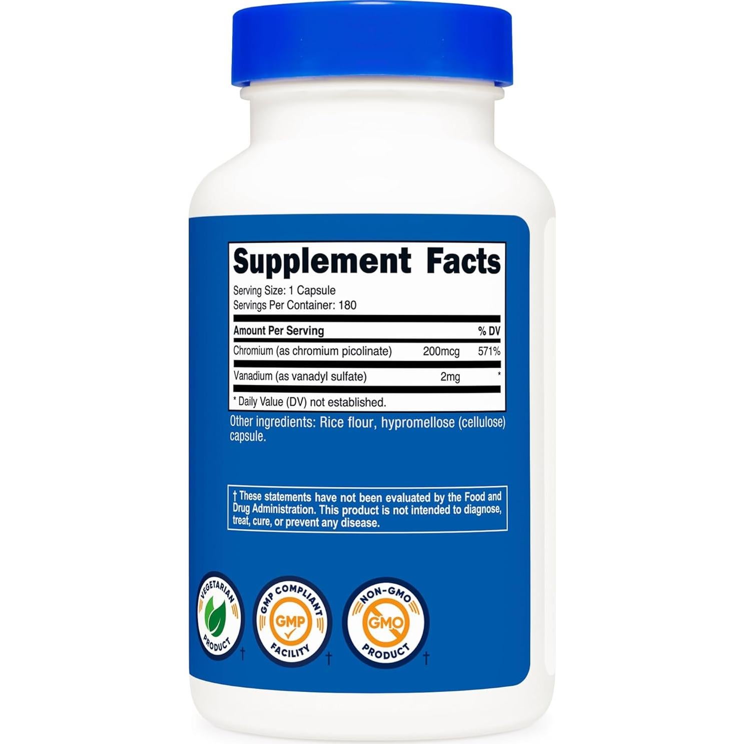 Nutricost Suplemento de Vanadio + Cromo 180 Cápsulas 2mg