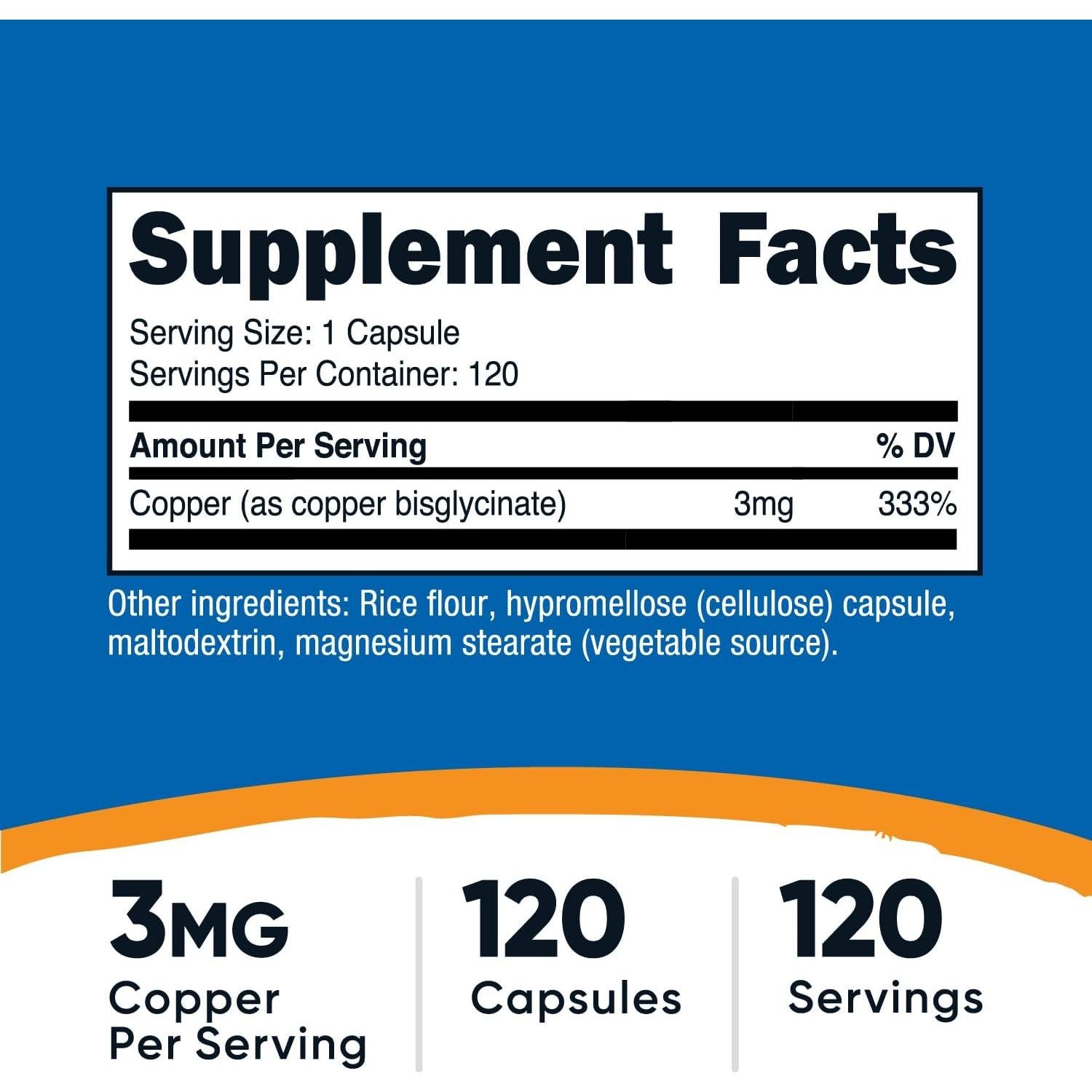 Cápsulas de Glicinato de Cobre Nutricost 120 Cápsulas 3mg