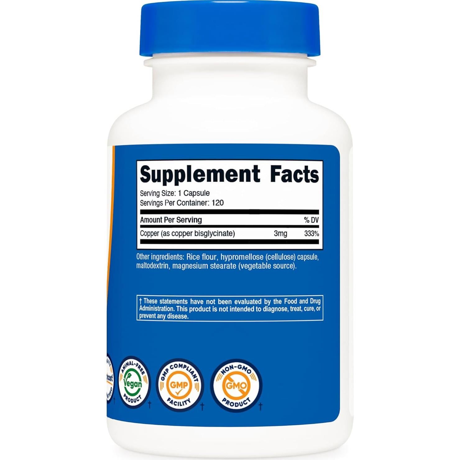 Cápsulas de Glicinato de Cobre Nutricost 120 Cápsulas 3mg