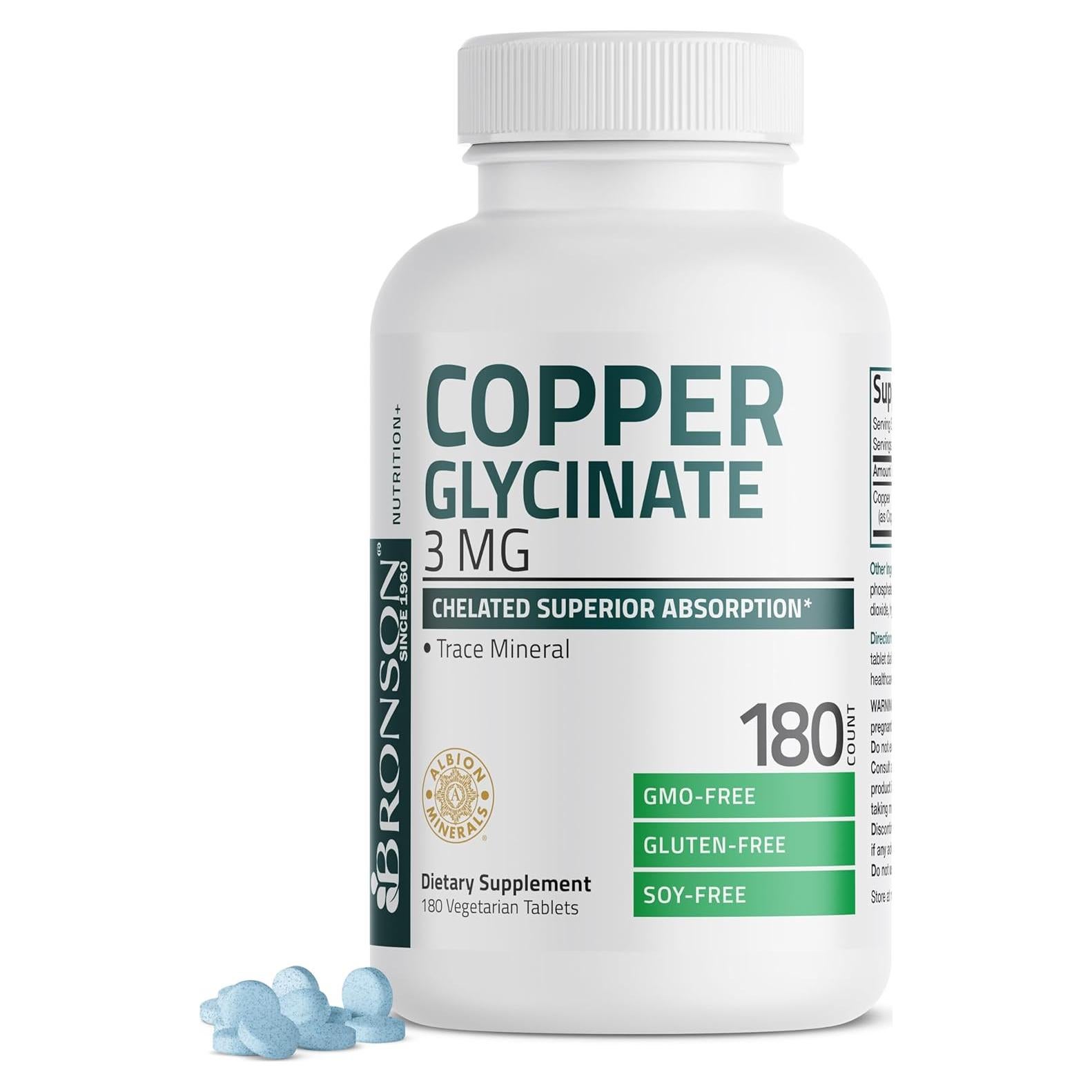 Bronson Glicinato de Cobre 3mg Quelado 180 Tabletas Vegetarianas