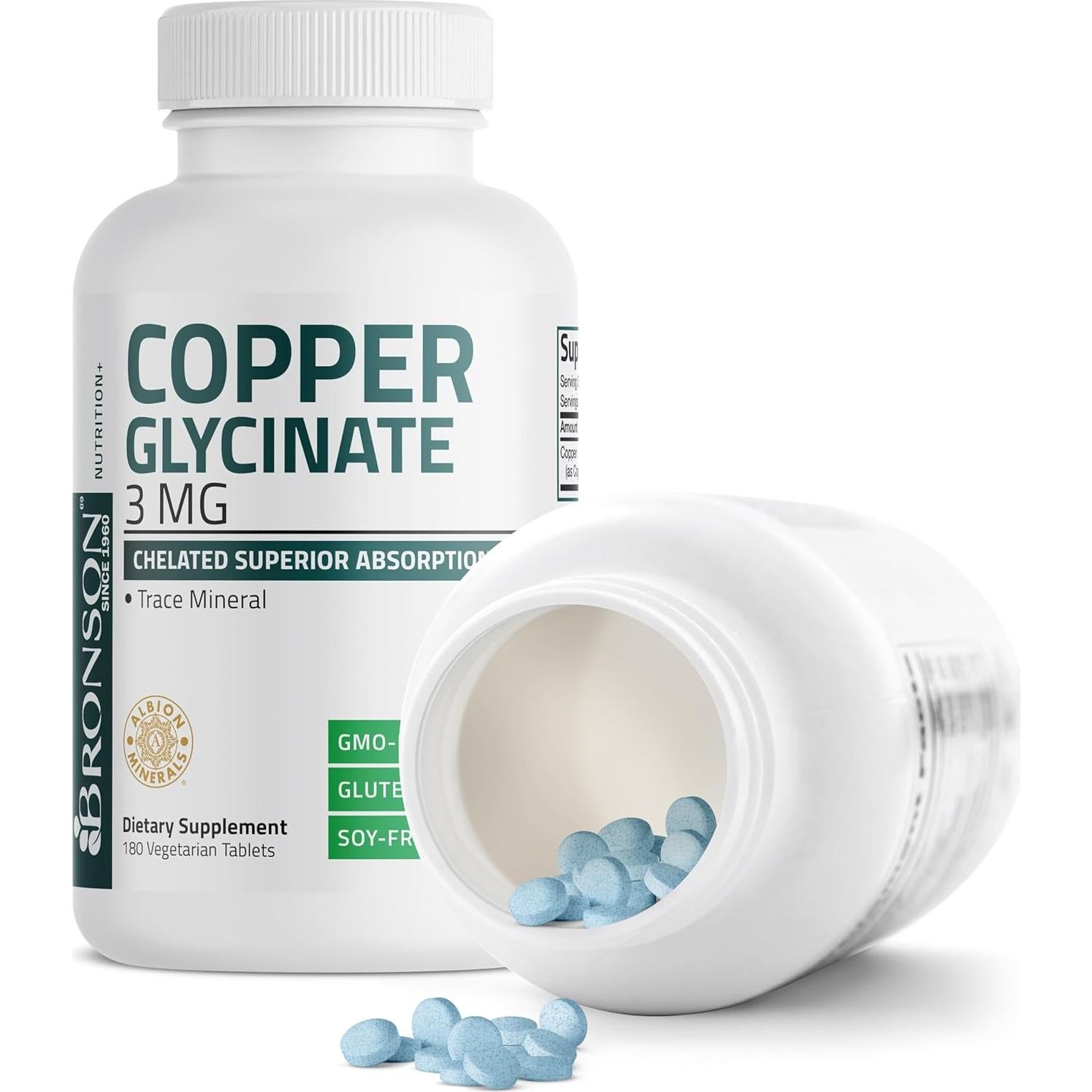 Bronson Glicinato de Cobre 3mg Quelado 180 Tabletas Vegetarianas