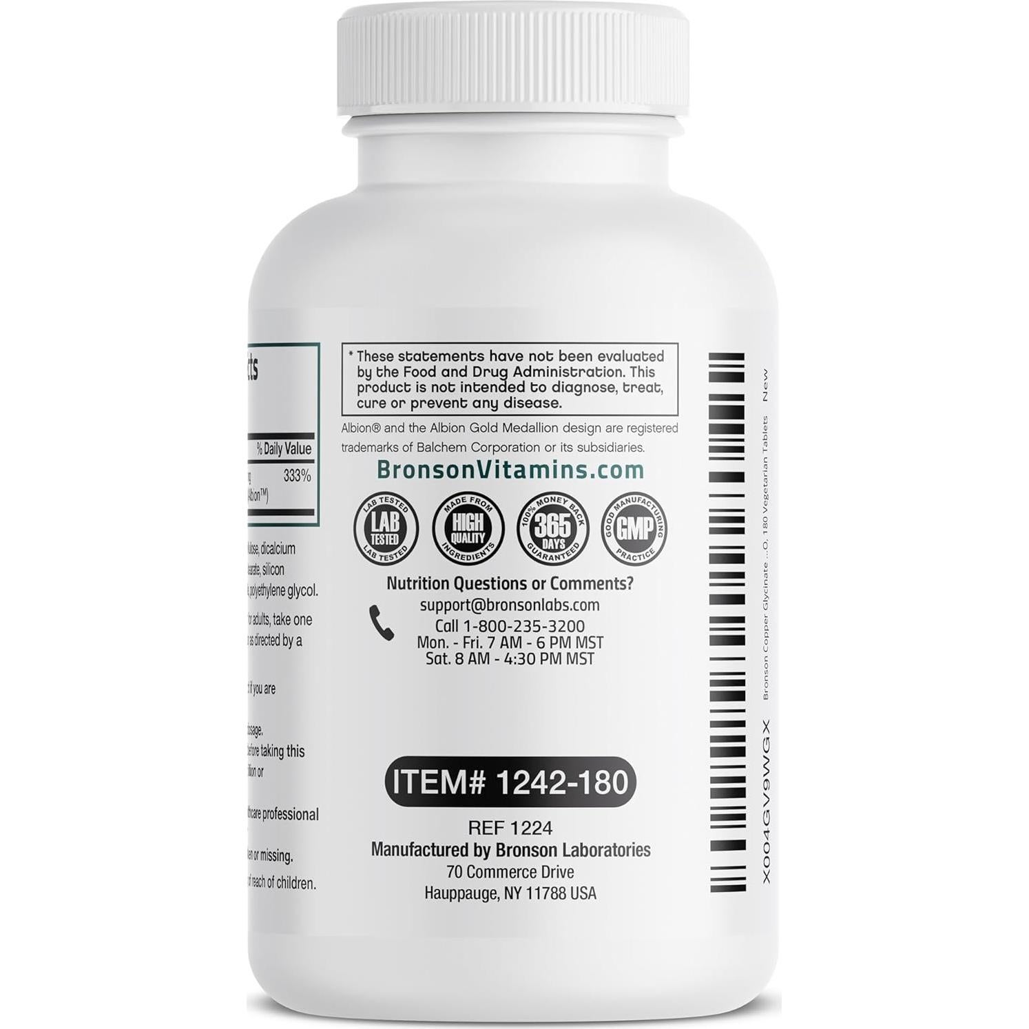 Bronson Glicinato de Cobre 3mg Quelado 180 Tabletas Vegetarianas