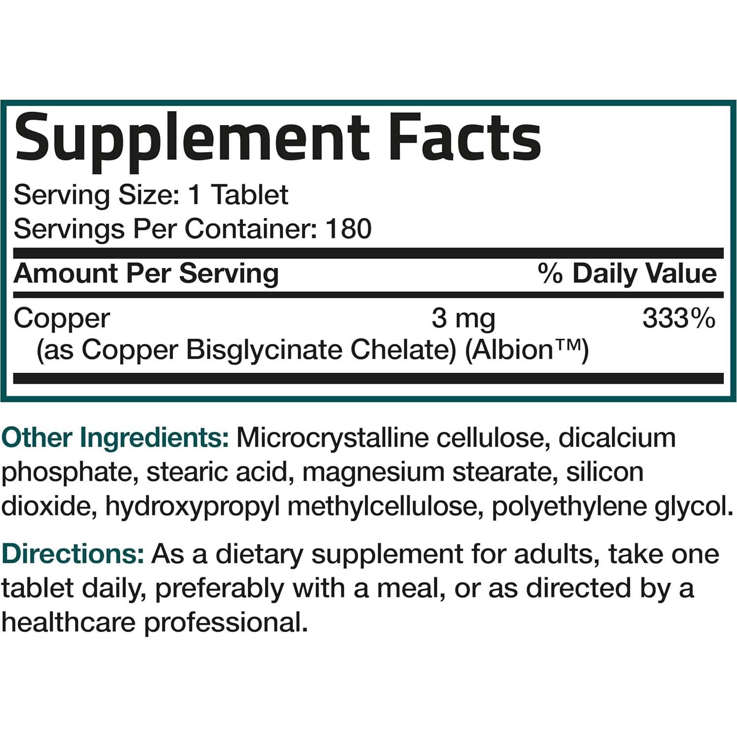 Bronson Glicinato de Cobre 3mg Quelado 180 Tabletas Vegetarianas