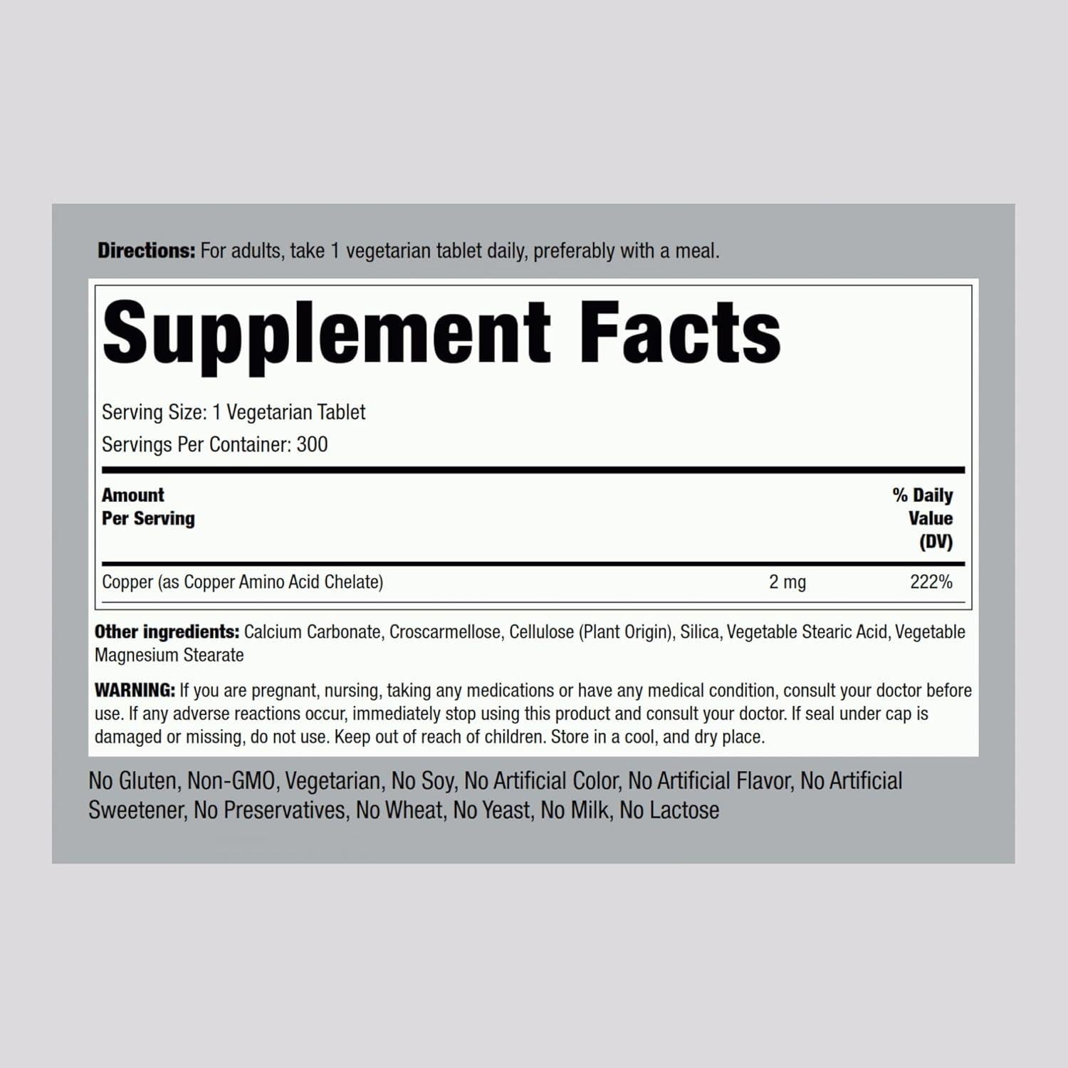 Suplemento de Cobre Quelado Piping Rock 2 mg - 300 Tabletas