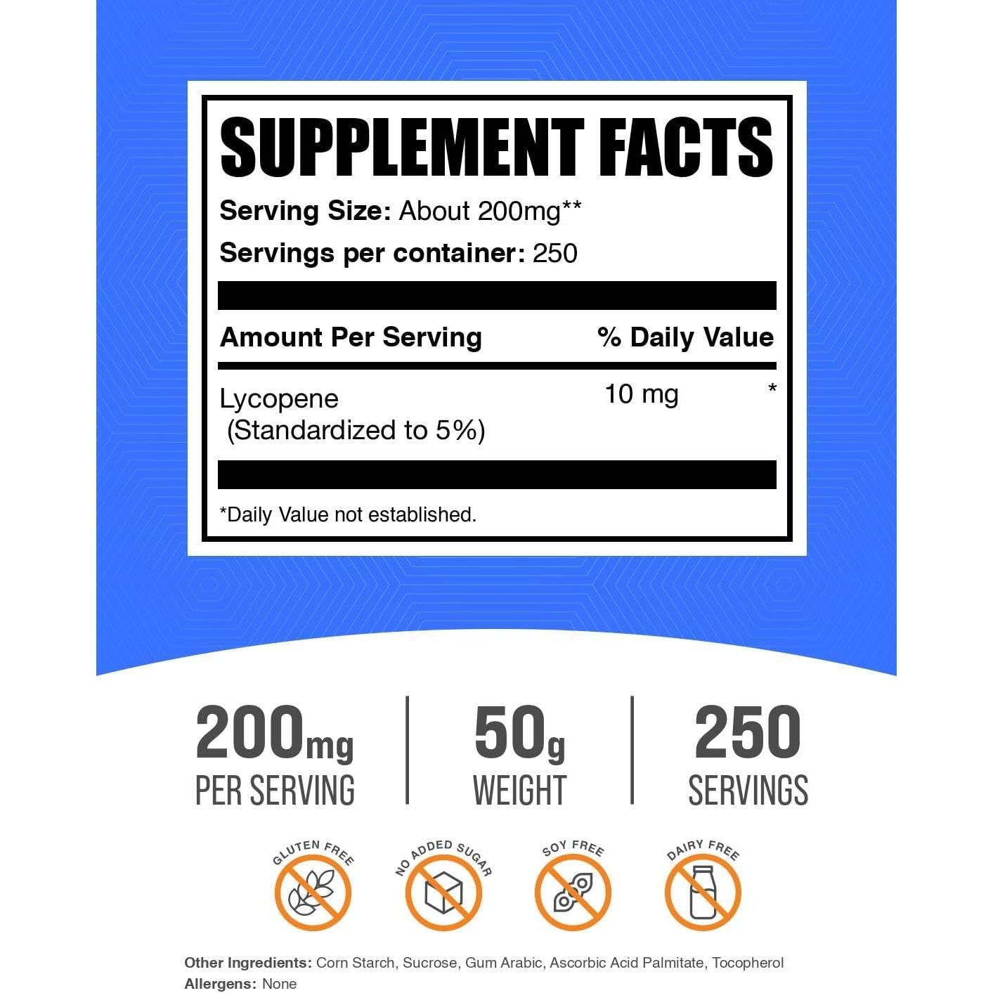 Polvo de Licopeno BulkSupplements 10mg 50g Antioxidante