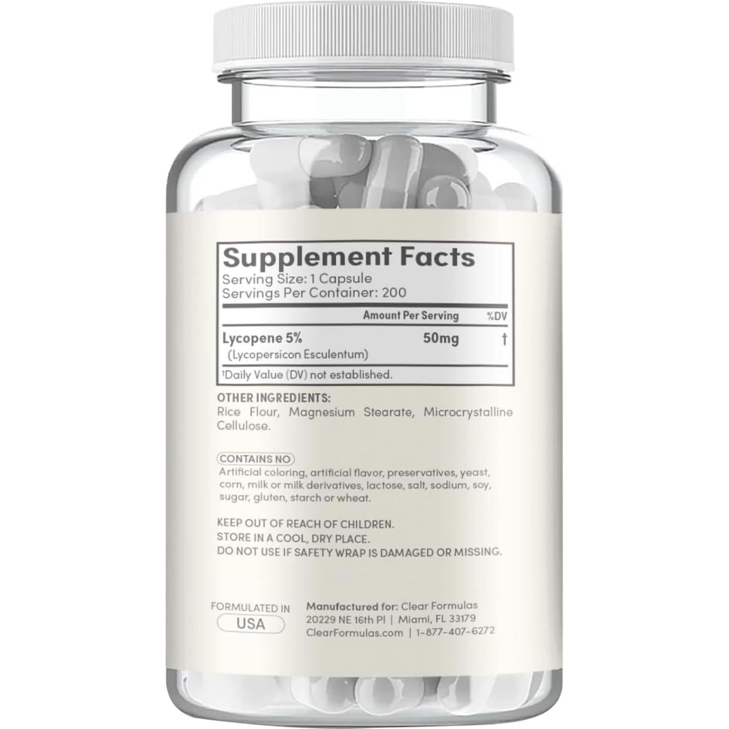 Suplemento de Licopeno Clear Formulas 50mg Antioxidante 200 Porciones