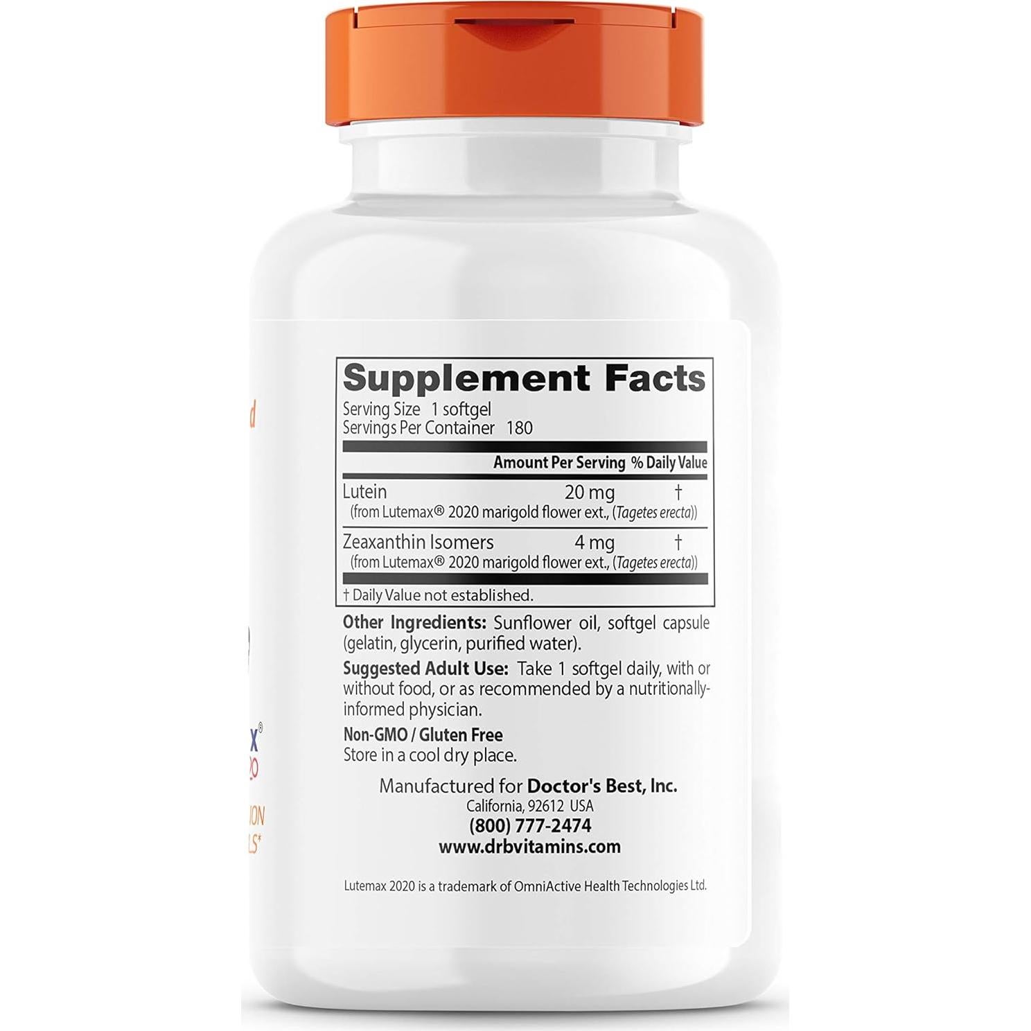 Luteína Doctor's Best 20 mg 180 Gelatinas Blandas Salud Ocular