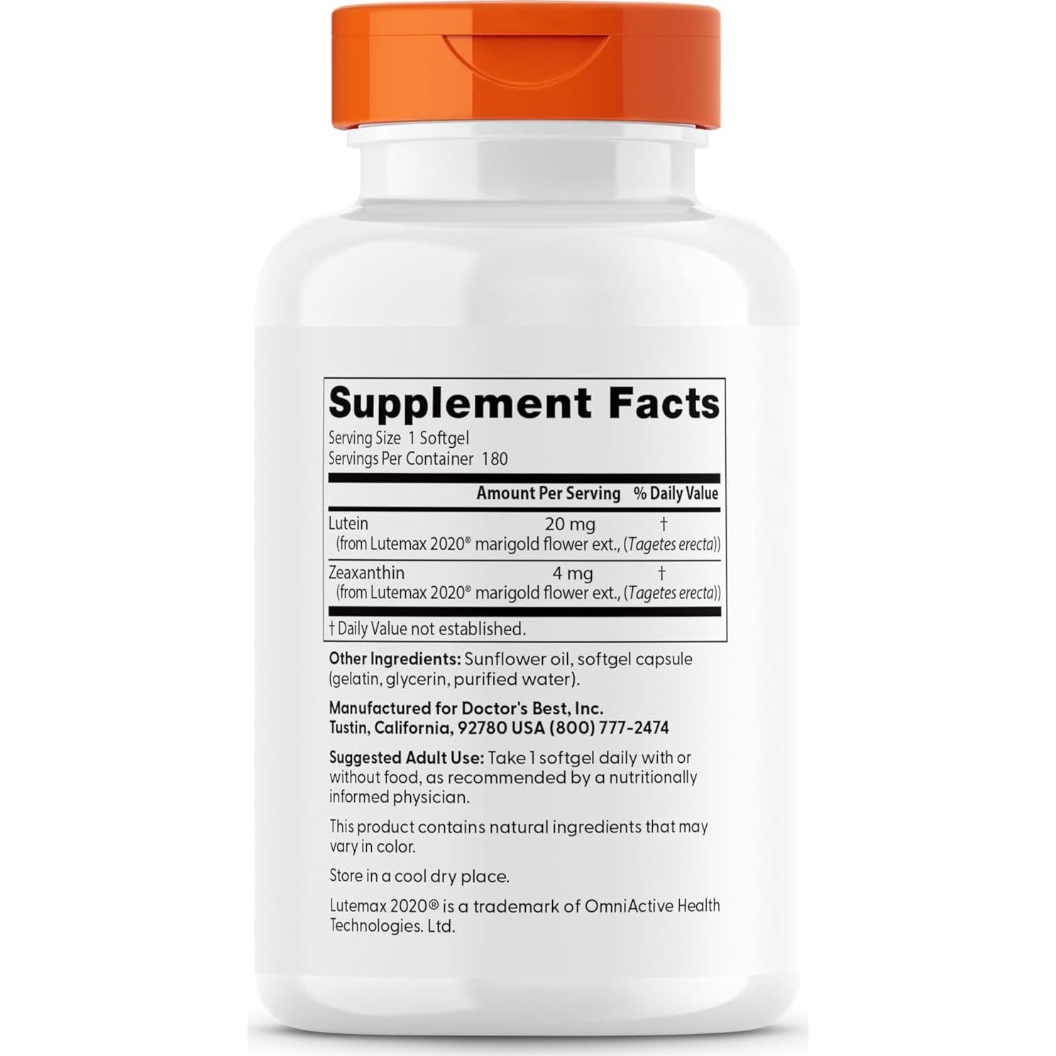 Luteína Doctor's Best 20 mg 180 Gelatinas Blandas Salud Ocular