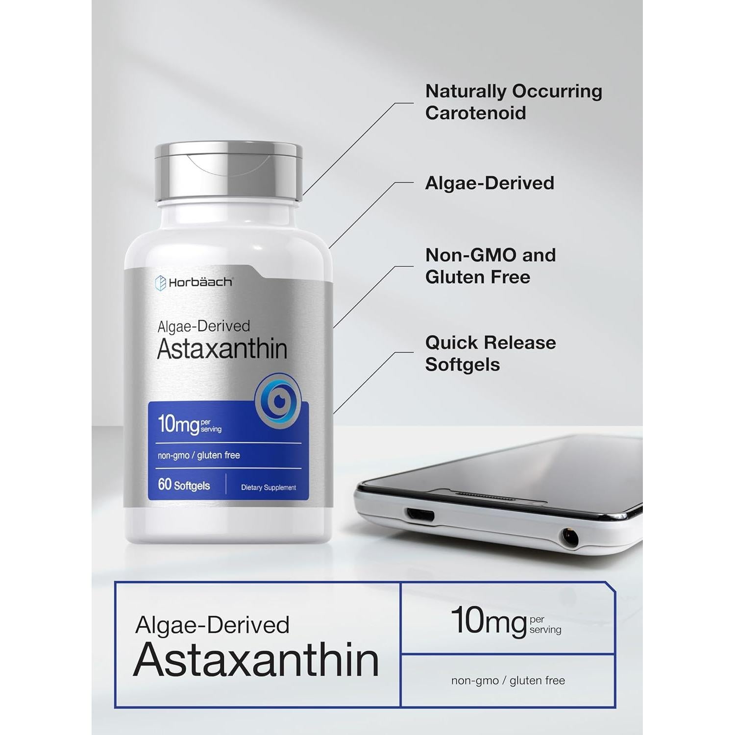 Astaxantina Horbäach 10mg 60 Softgels Antioxidante Natural