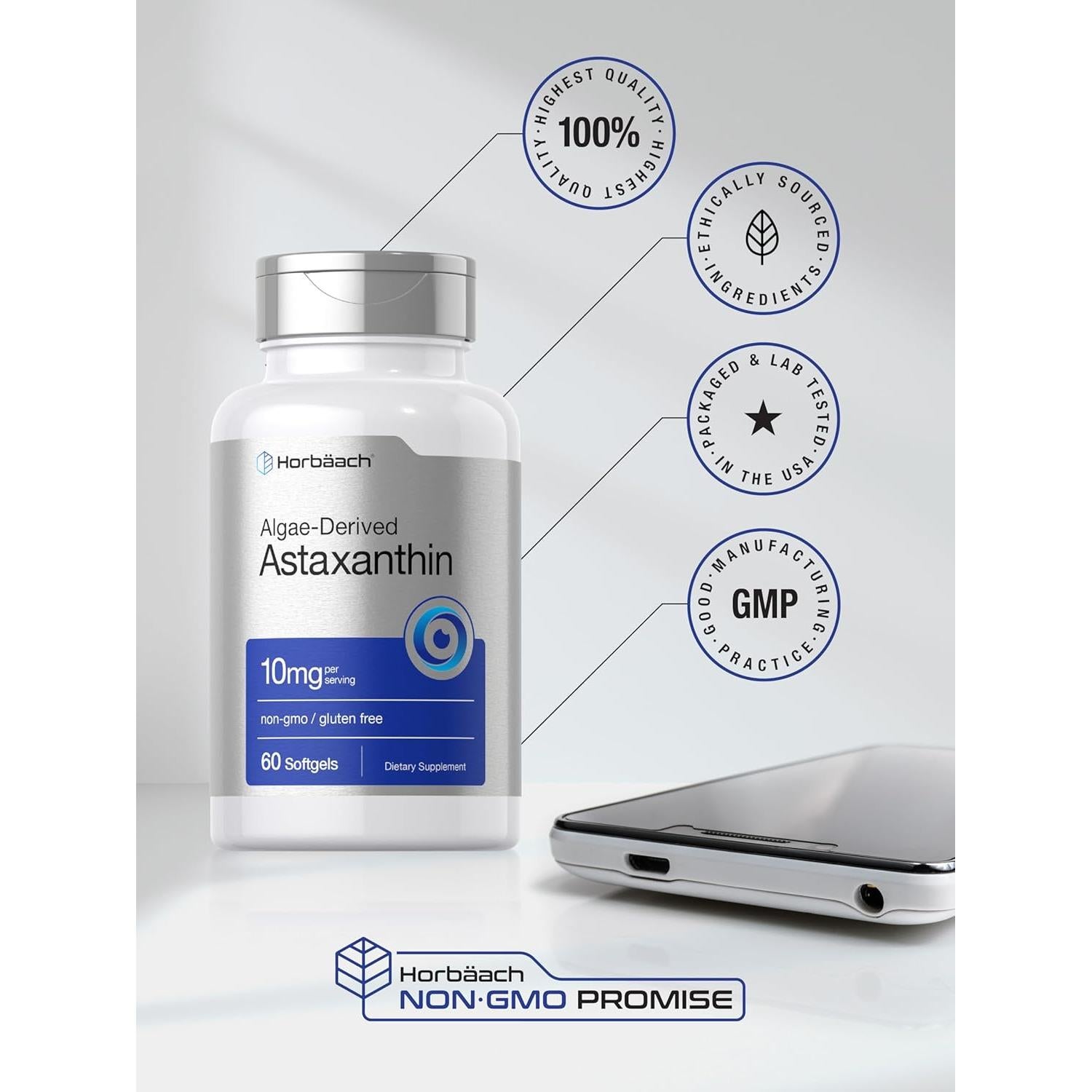 Astaxantina Horbäach 10mg 60 Softgels Antioxidante Natural