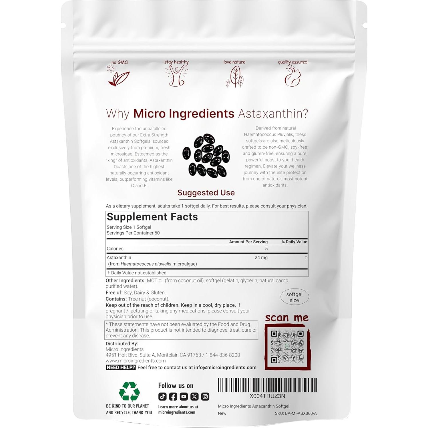 Suplemento de Astaxantina 24mg Micro Ingredients 60 Softgels
