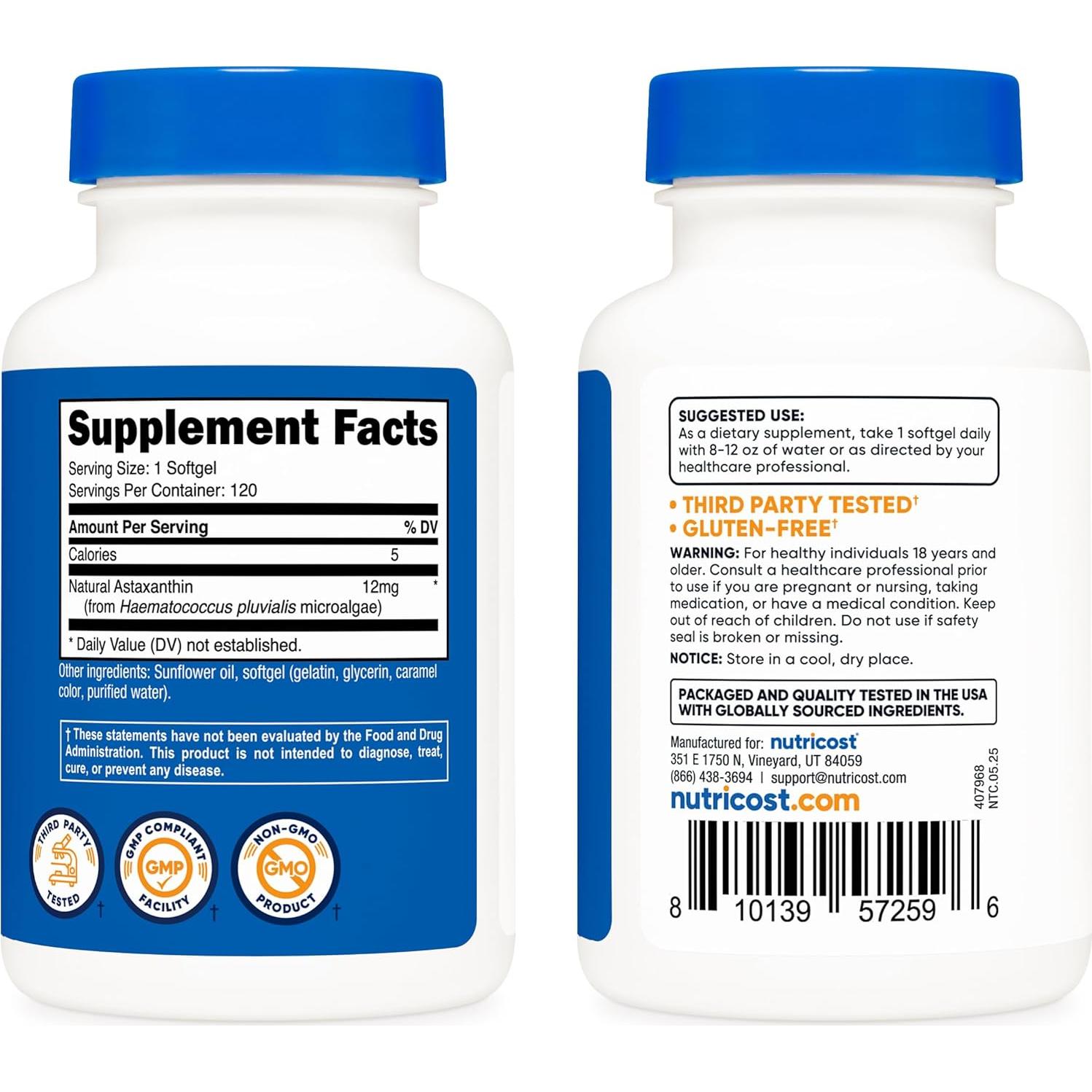 Nutricost Astaxantina 12mg 120 Gelatinas Blandas No OGM