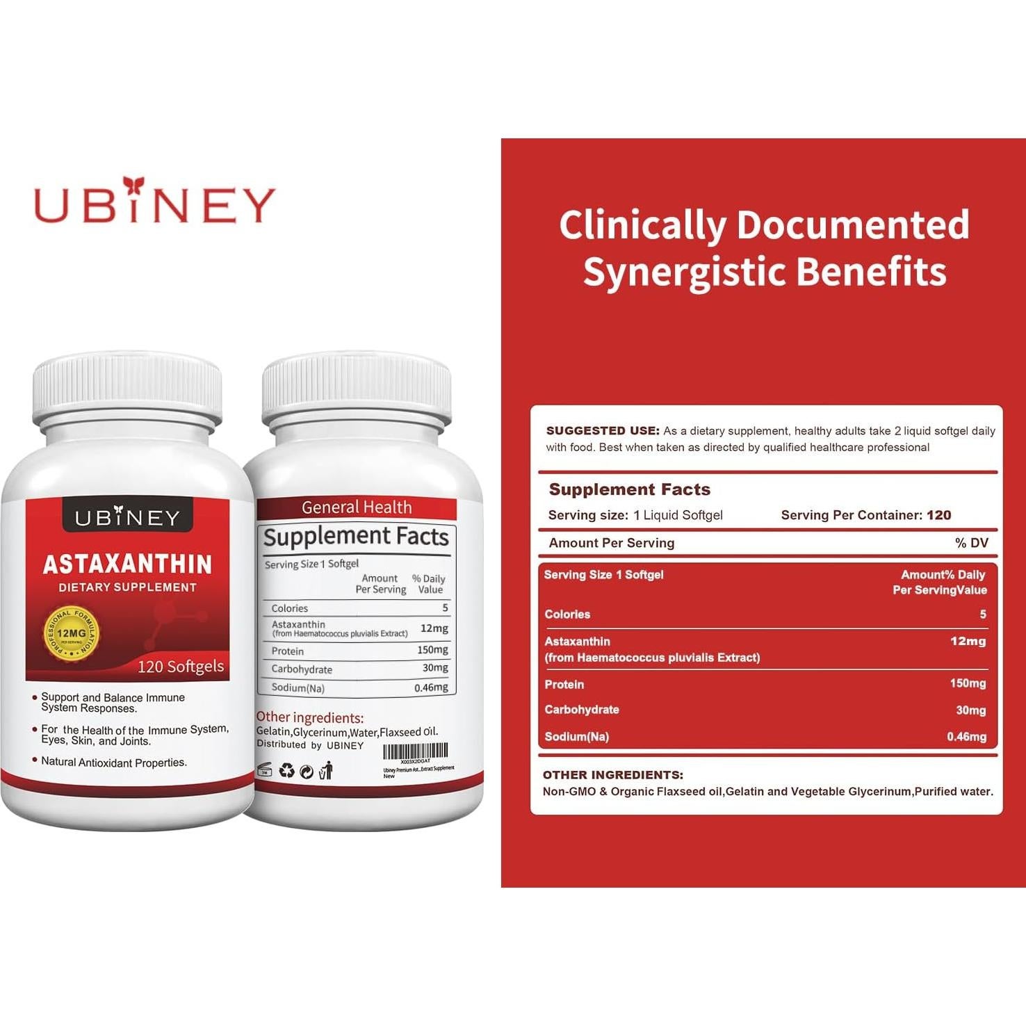 Suplemento de Astaxantina Ubiney 12mg 120 Cápsulas Blandas