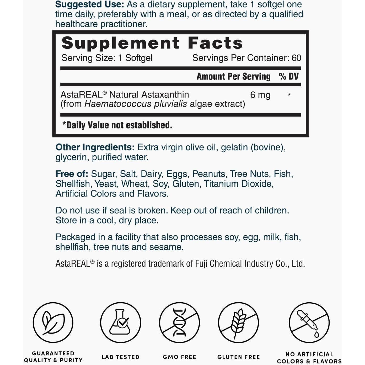 Astaxantina AstaREAL Nature's Lab 6mg 60 cápsulas antioxidantes