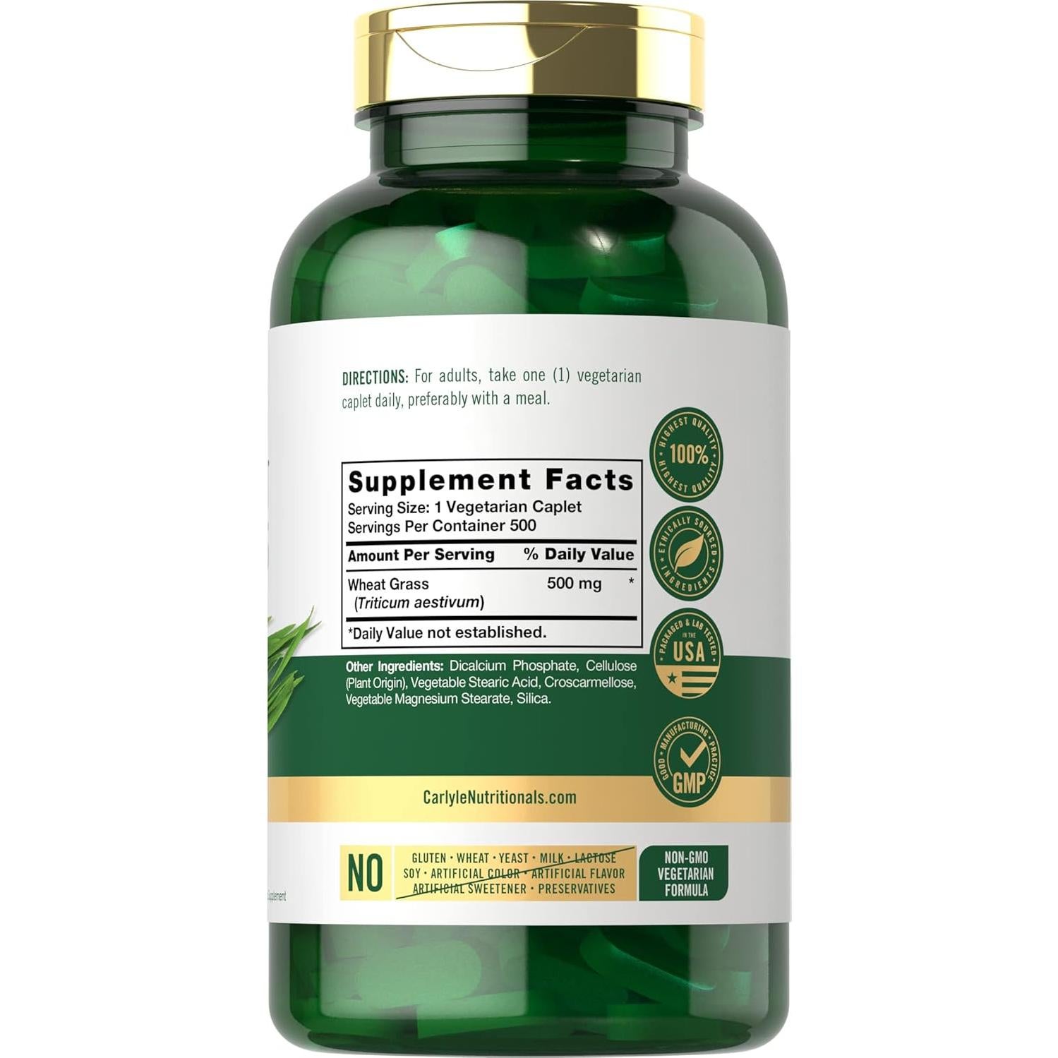 Suplemento de Pasto de Trigo Carlyle 500 mg | 500 Tabletas Vegetarianas | Libre de Gluten y No OGM