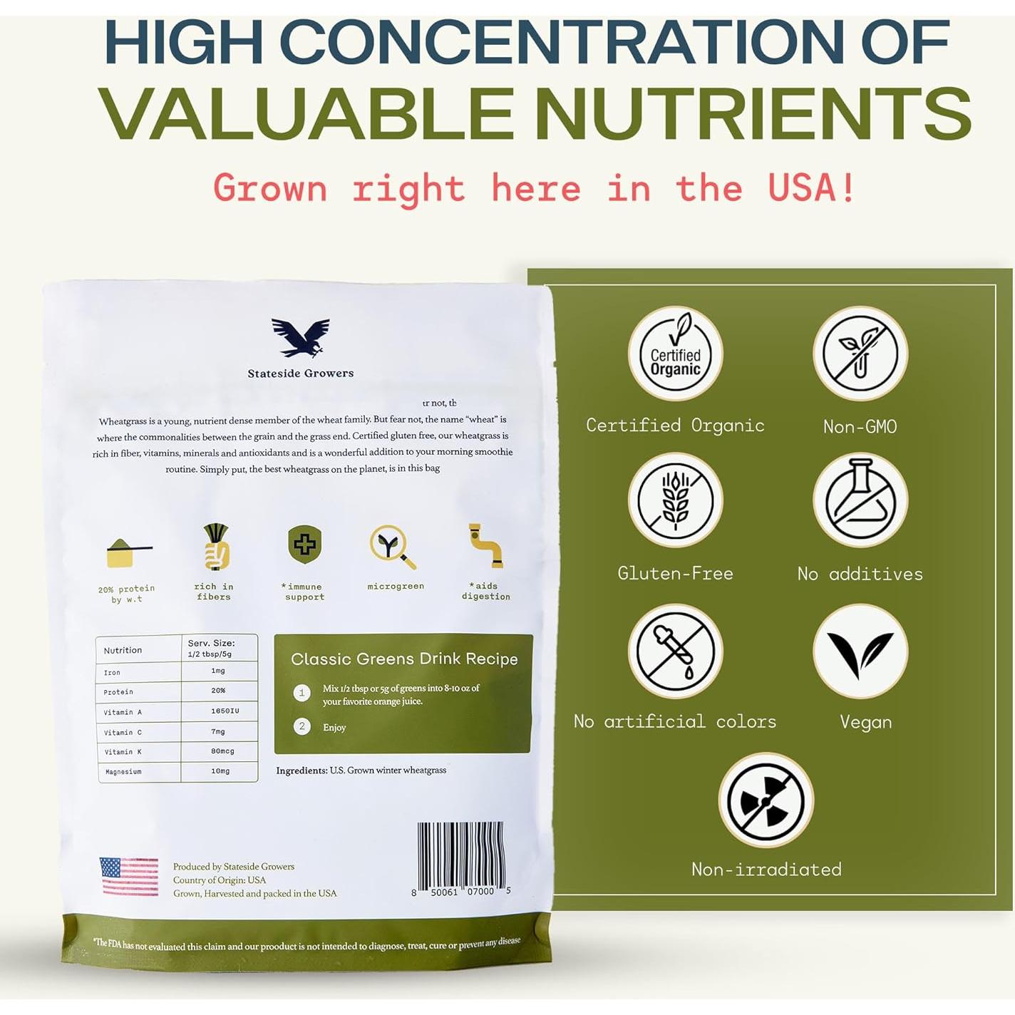 Polvo de pasto de trigo orgánico Stateside Growers 226.8g