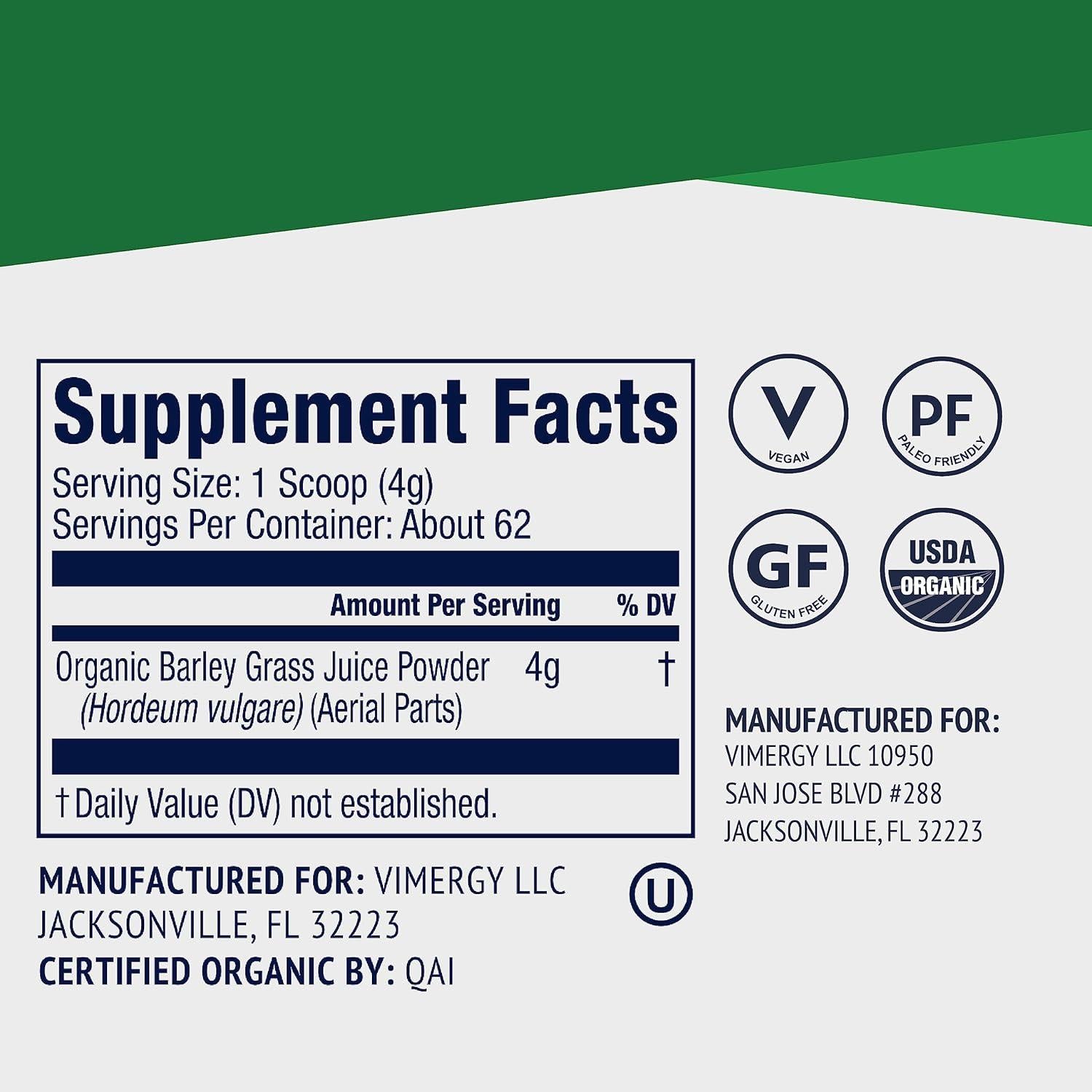 Vimergy Polvo de Jugo de Césped de Cebada Orgánico 250g